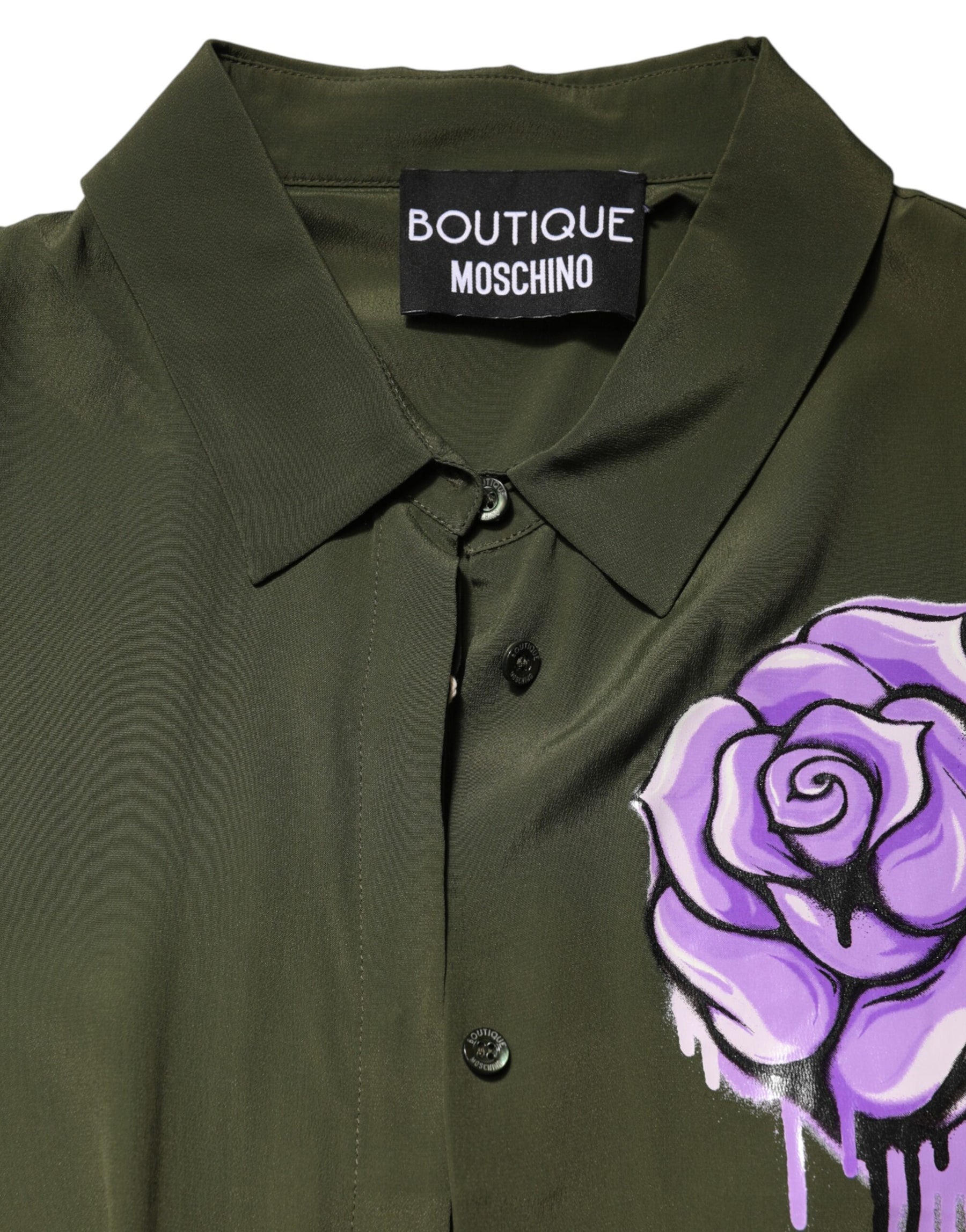 Boutique Moschino Top Green Acetate Collared Long Sleeves Floral Top | Regal Royce