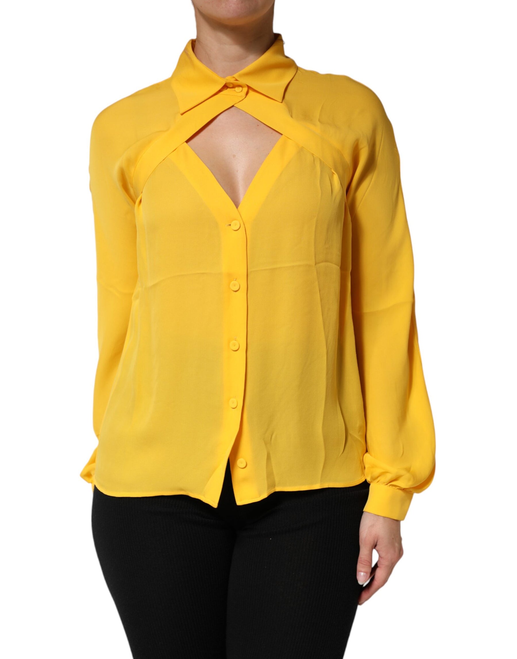 Moschino Couture Yellow Silk Collared Long Sleeves  Top | Regal Royce