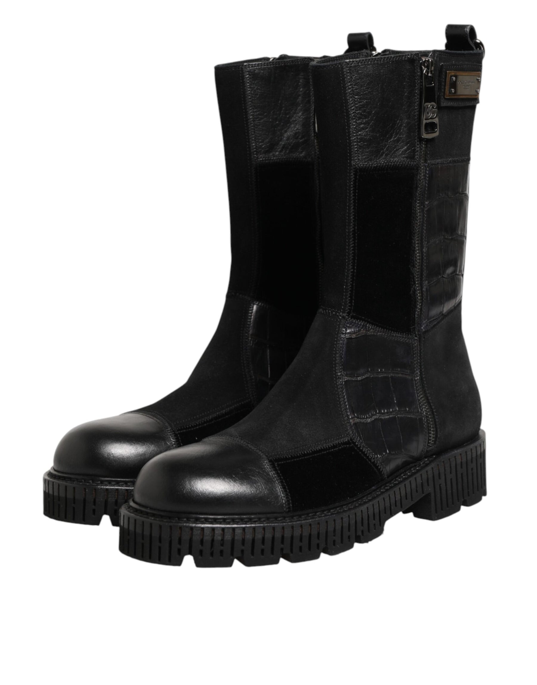 Dolce & Gabbana Black Patchwork Leather Mid Calf Boot  Shoes | Regal Royce