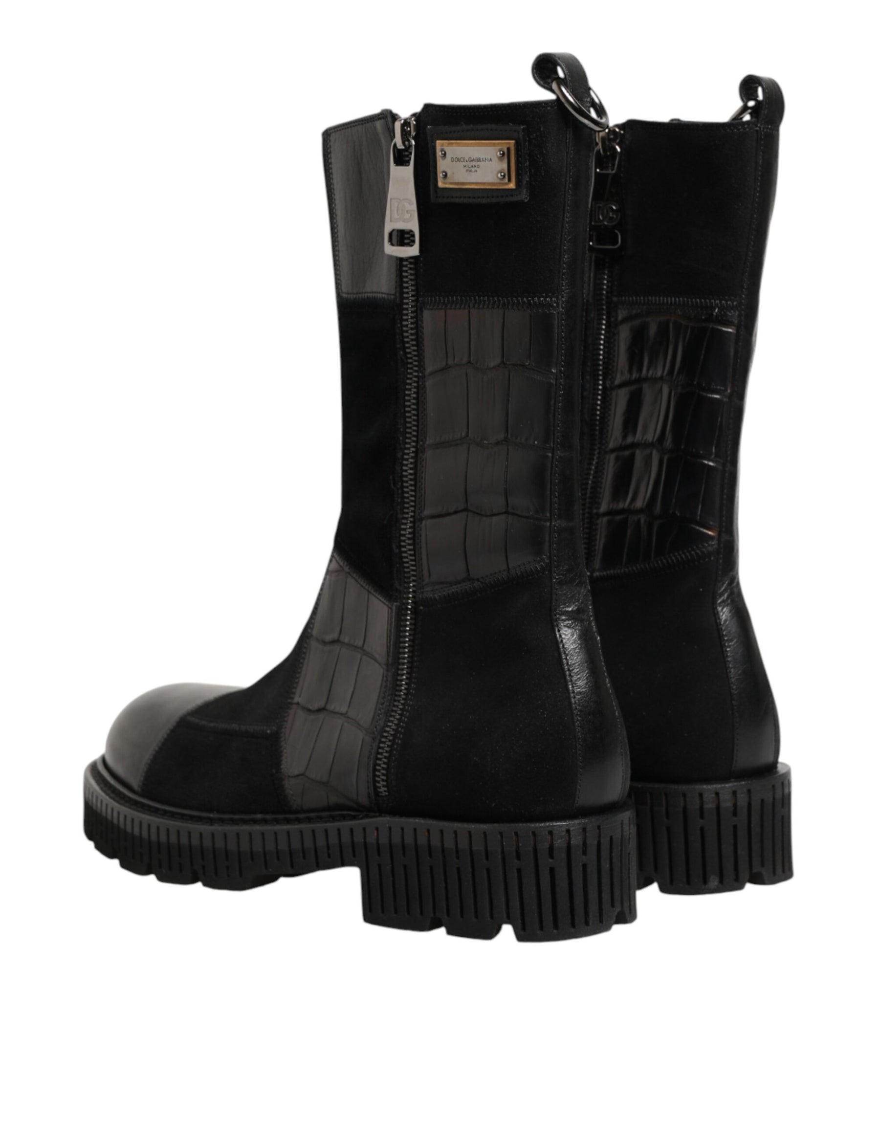 Dolce & Gabbana Black Patchwork Leather Mid Calf Boot  Shoes | Regal Royce