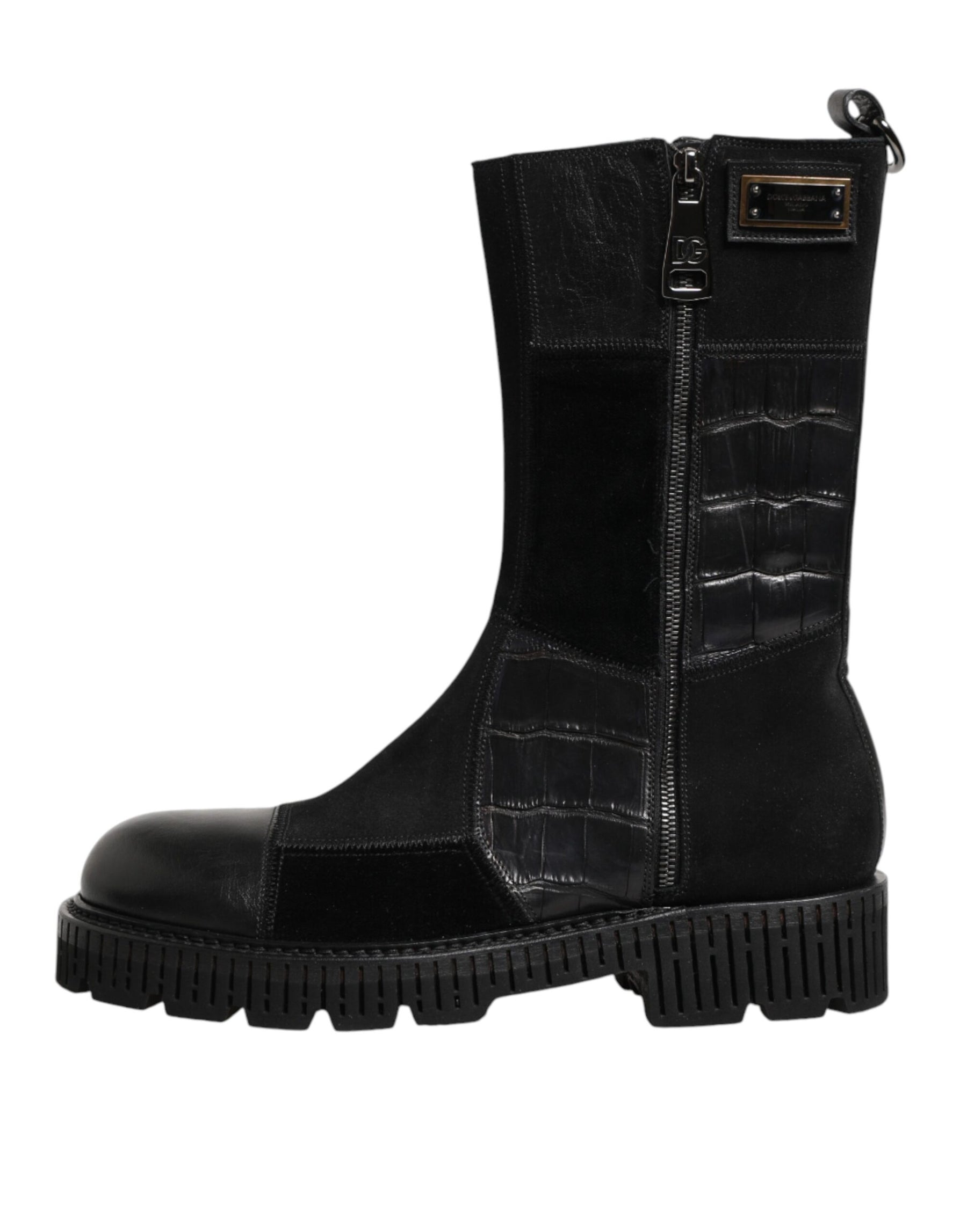 Dolce & Gabbana Black Patchwork Leather Mid Calf Boot  Shoes | Regal Royce