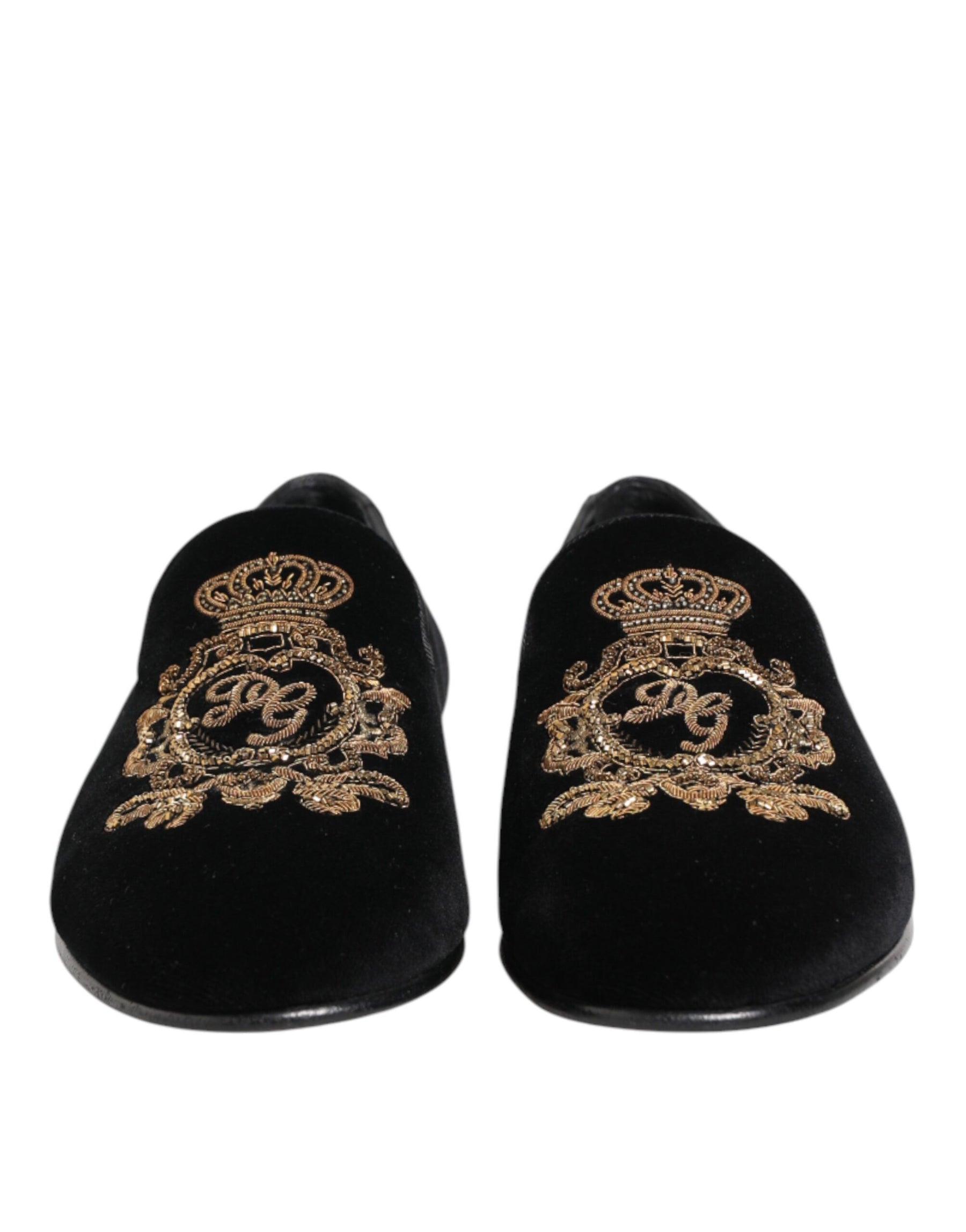Dolce & Gabbana Black Velvet Gold Crown Mens Loafers Shoes | Regal Royce