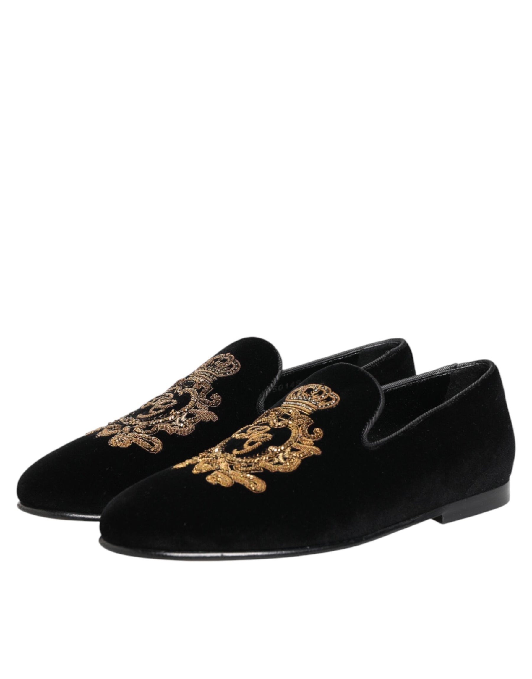 Dolce & Gabbana Black Velvet Gold Crown Mens Loafers Shoes | Regal Royce