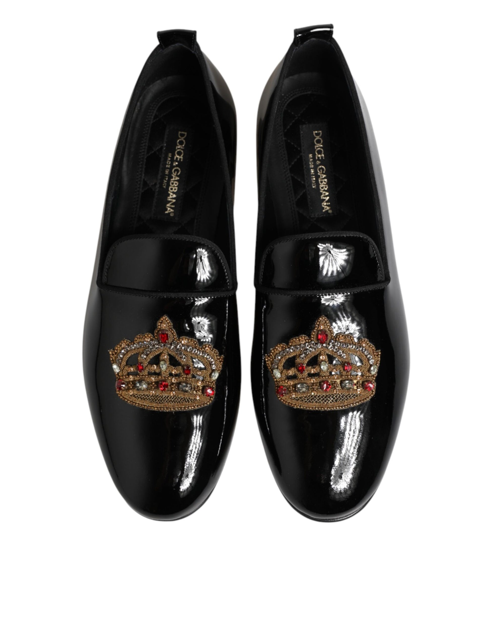 Dolce & Gabbana Black Leather Gold Crown Mens Loafers Shoes
