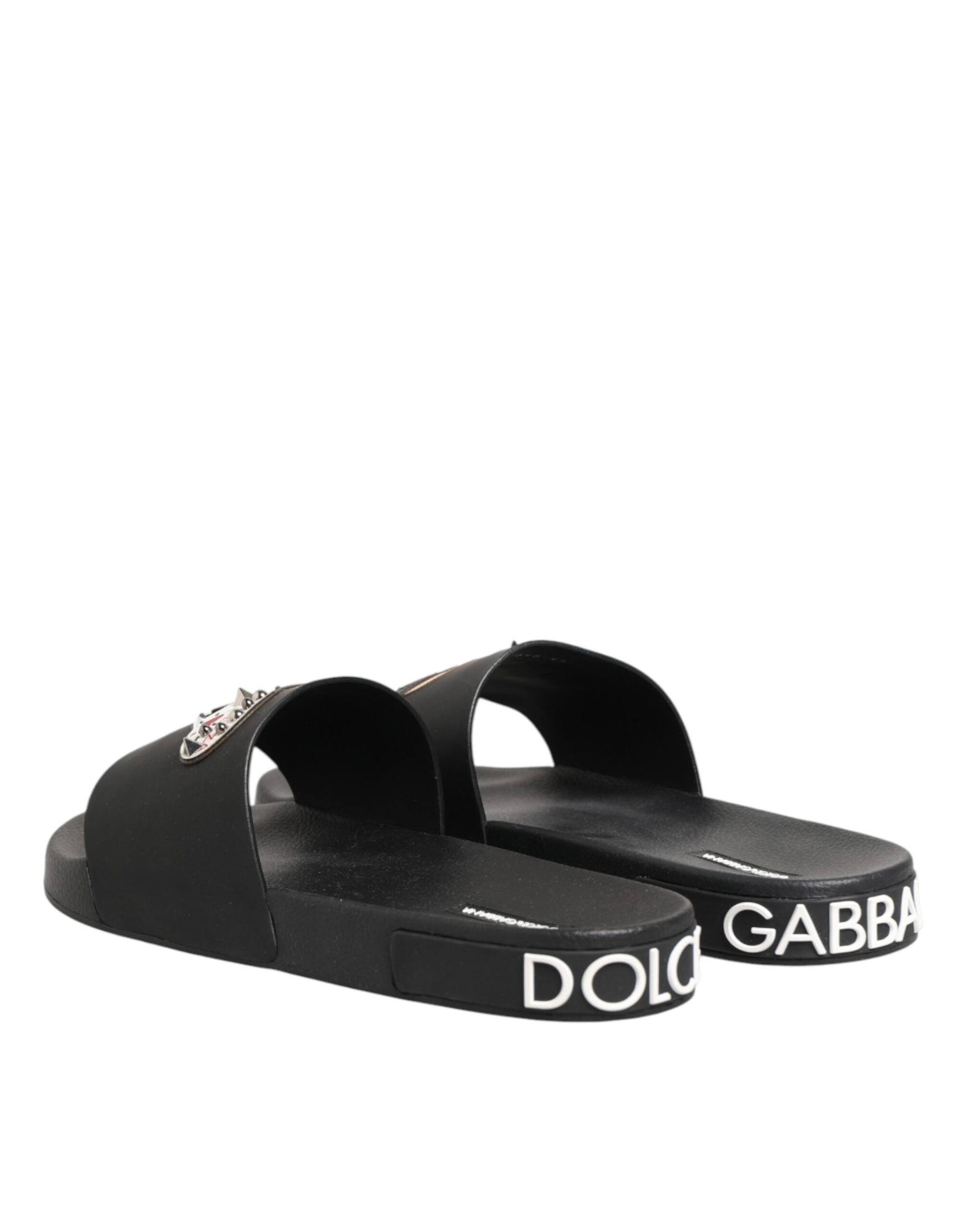 Dolce & Gabbana Black Leather Slides Sandals Beachwear Shoes