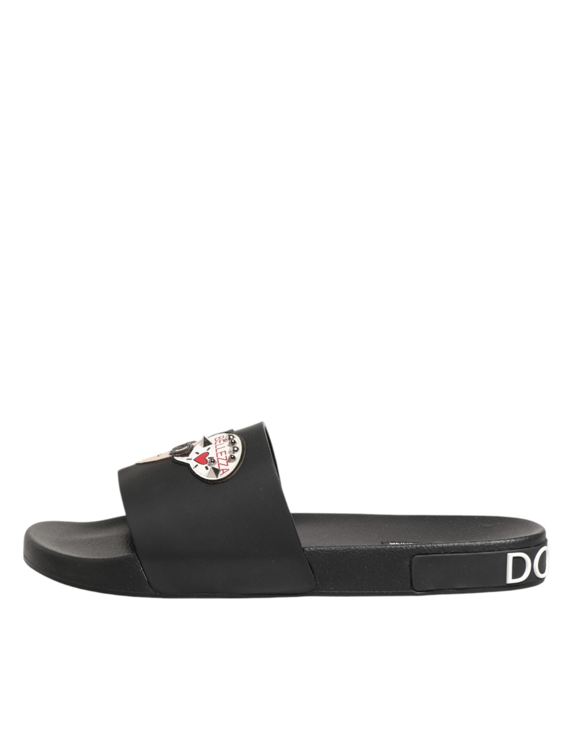 Dolce & Gabbana Black Leather Slides Sandals Beachwear Shoes