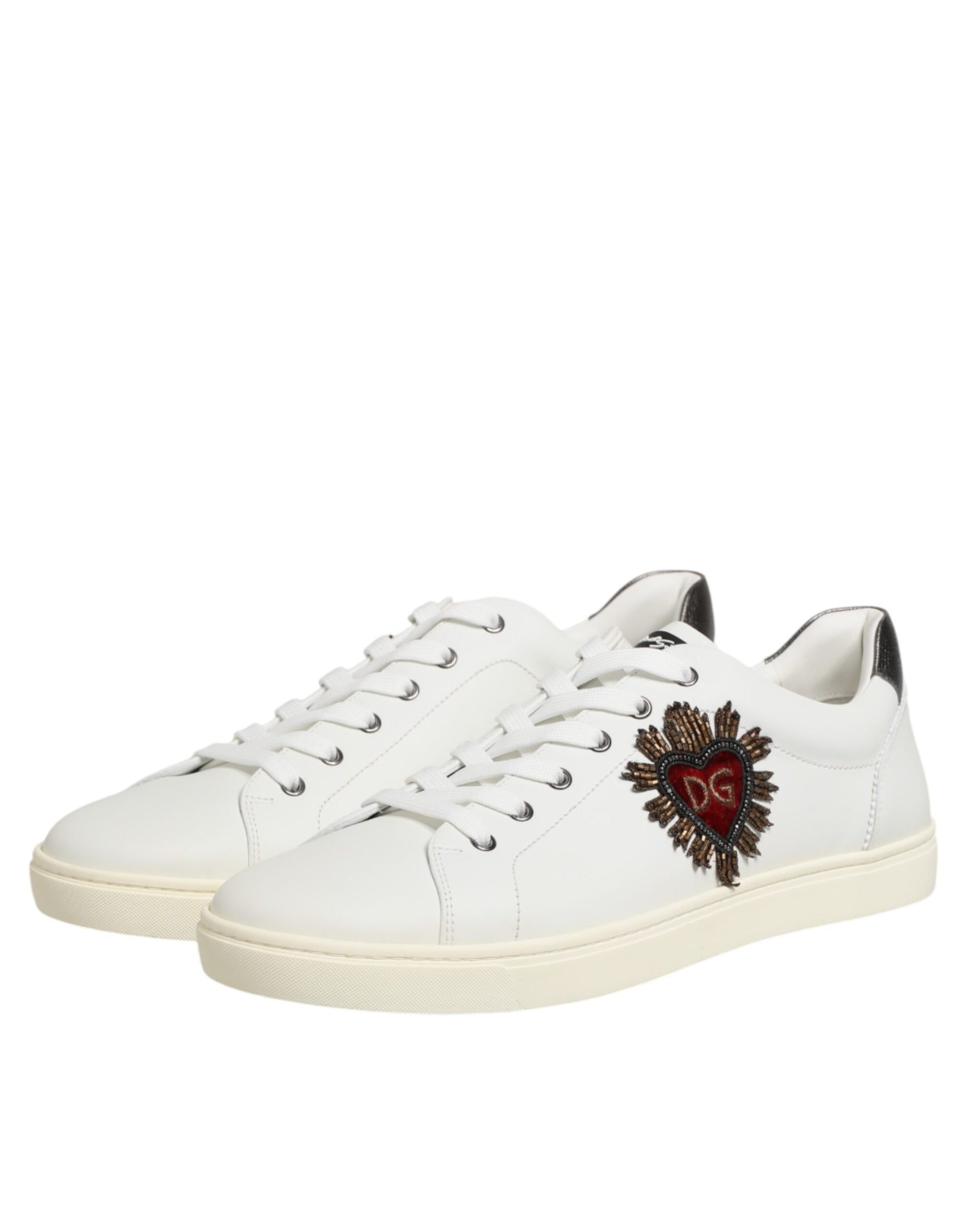 Dolce & Gabbana White Leather Heart Embellished Sneakers Shoes | Regal Royce