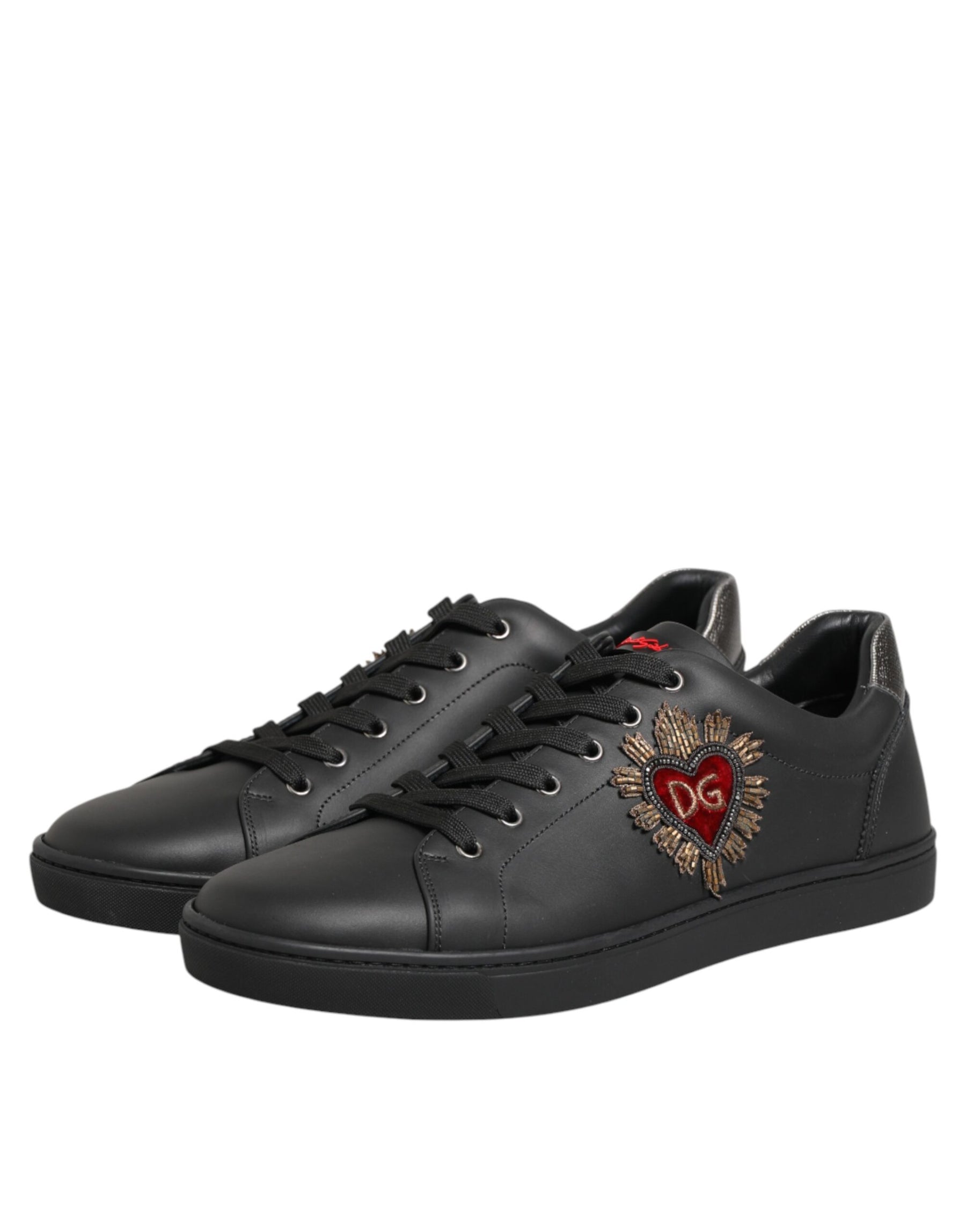 Dolce & Gabbana Black Leather Heart Embellished Sneakers Shoes | Regal Royce