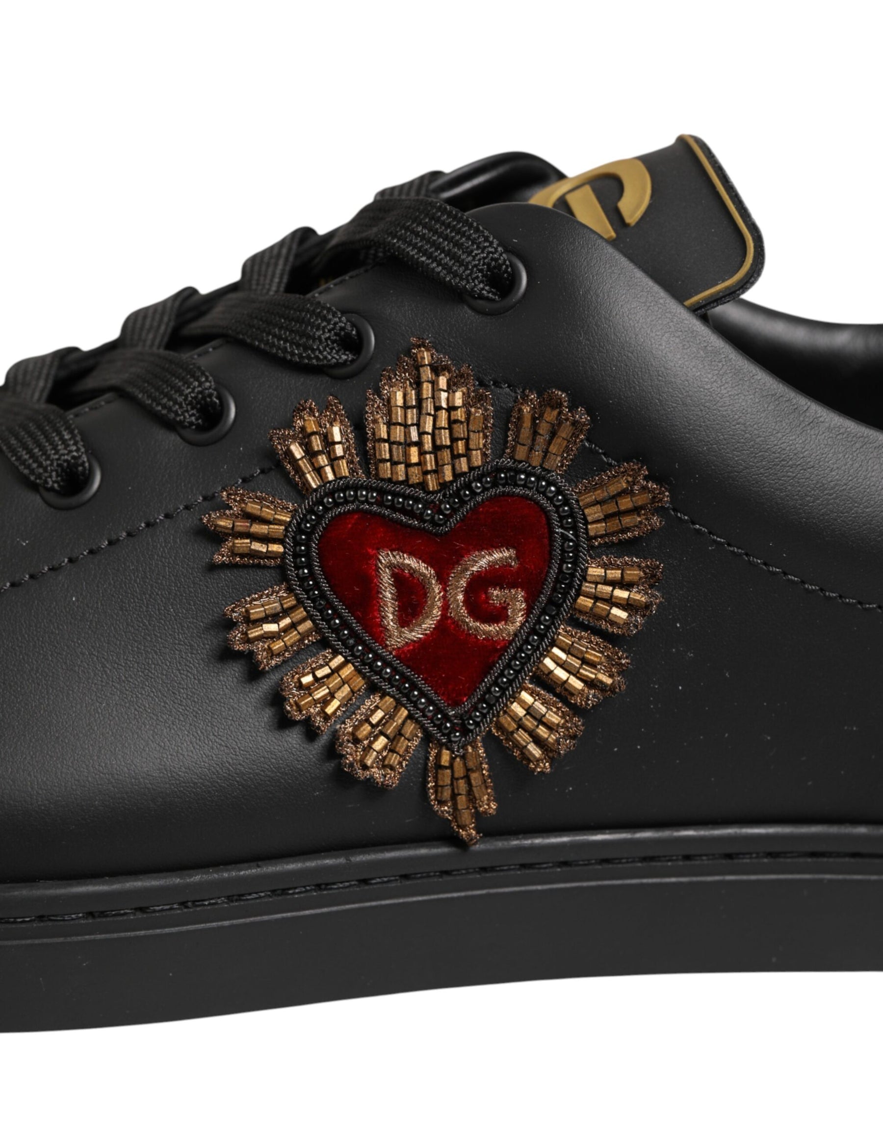 Dolce & Gabbana Black Leather Heart Embellished Sneakers Shoes | Regal Royce