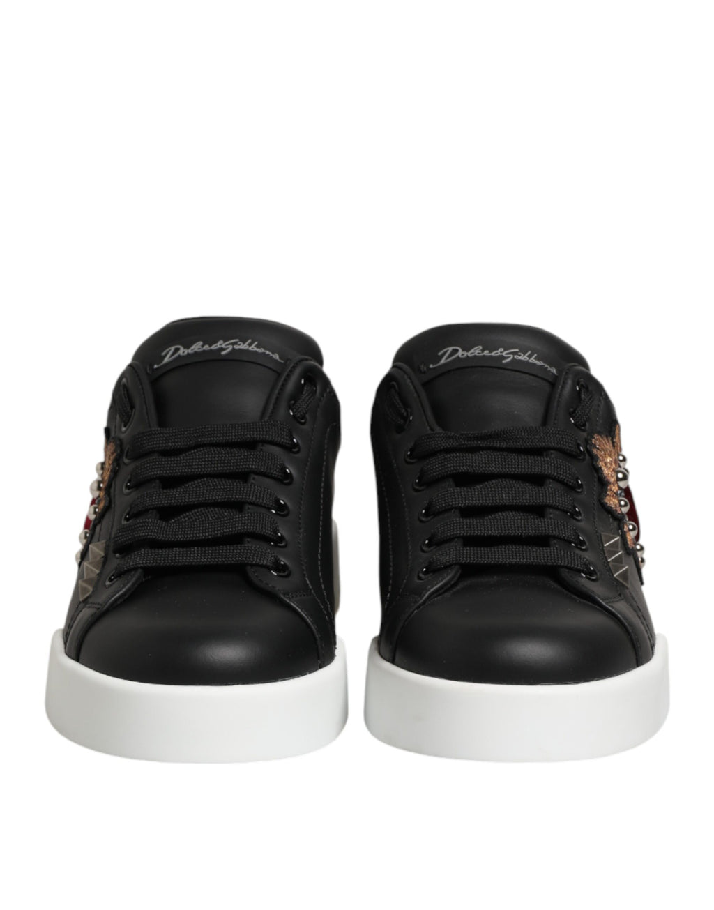 Dolce & Gabbana Black Leather Heart Embellished Sneakers Shoes