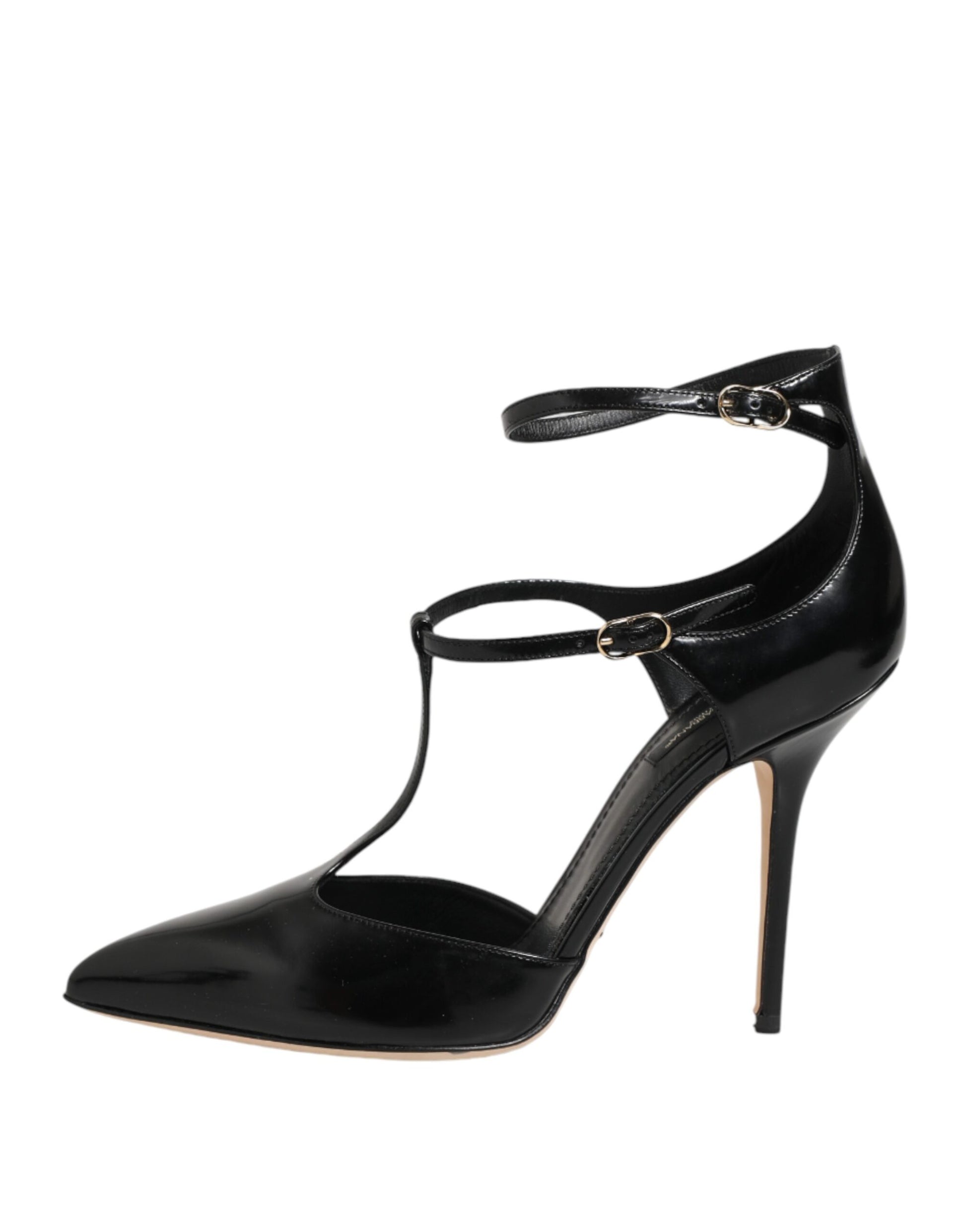Dolce & Gabbana Black Leather T-STRAPS Heels Sandals Shoes