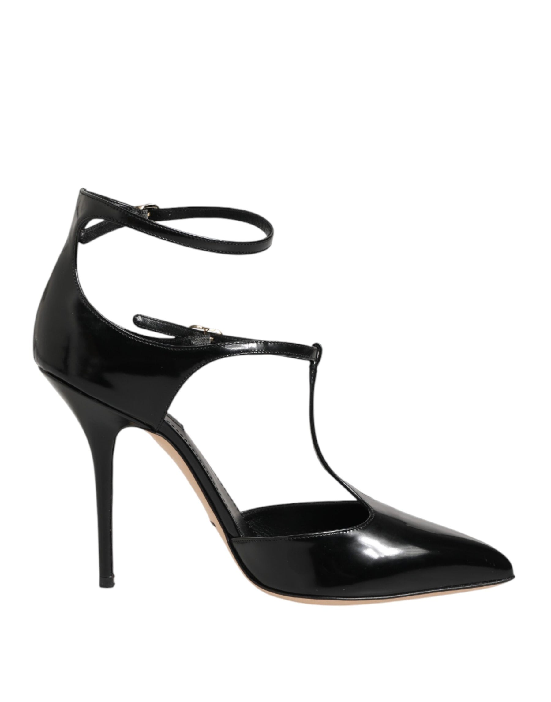 Dolce & Gabbana Black Leather T-STRAPS Heels Sandals Shoes | Regal Royce