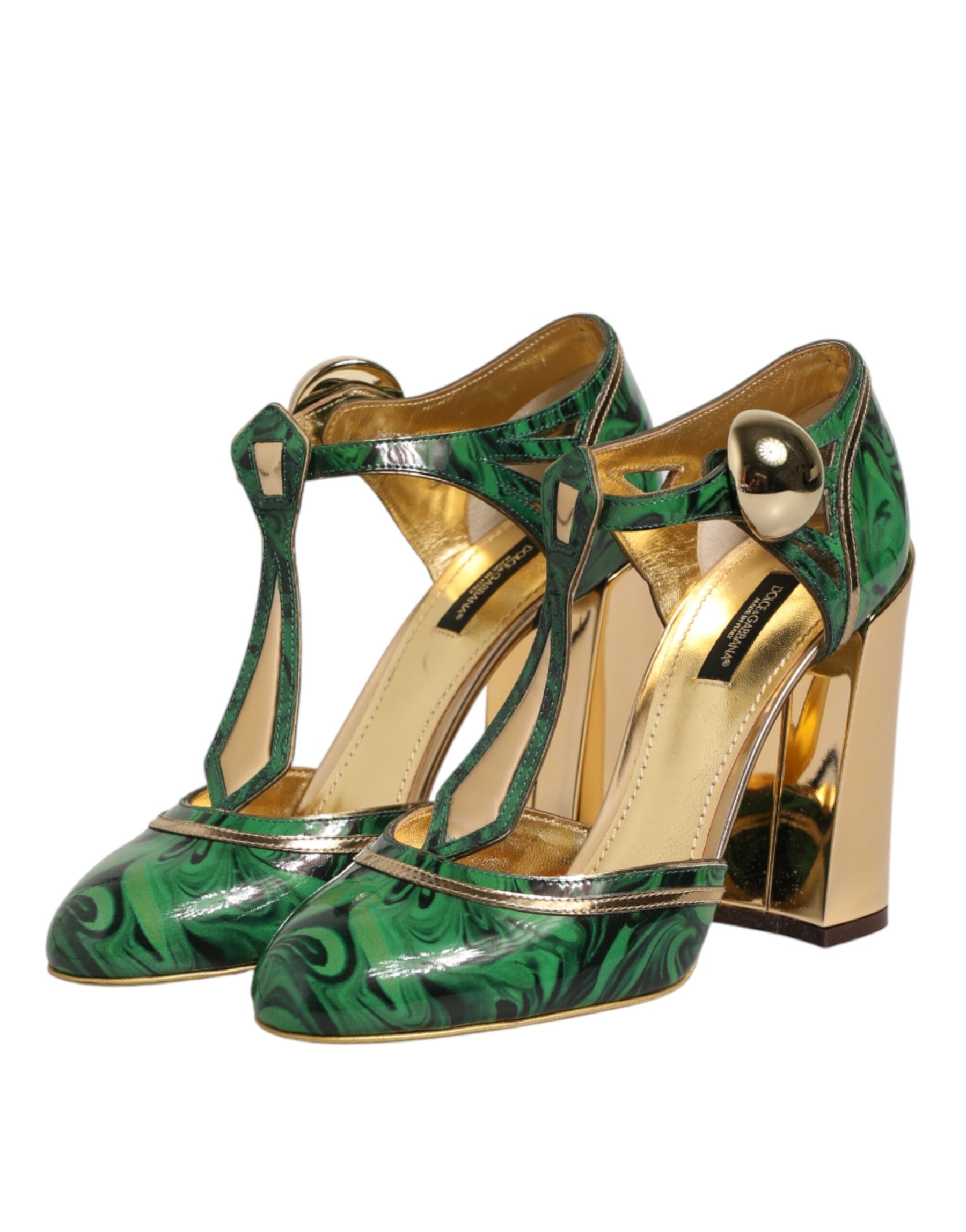 Dolce & Gabbana Green Leather T-STRAPS Heels Sandals Shoes | Regal Royce