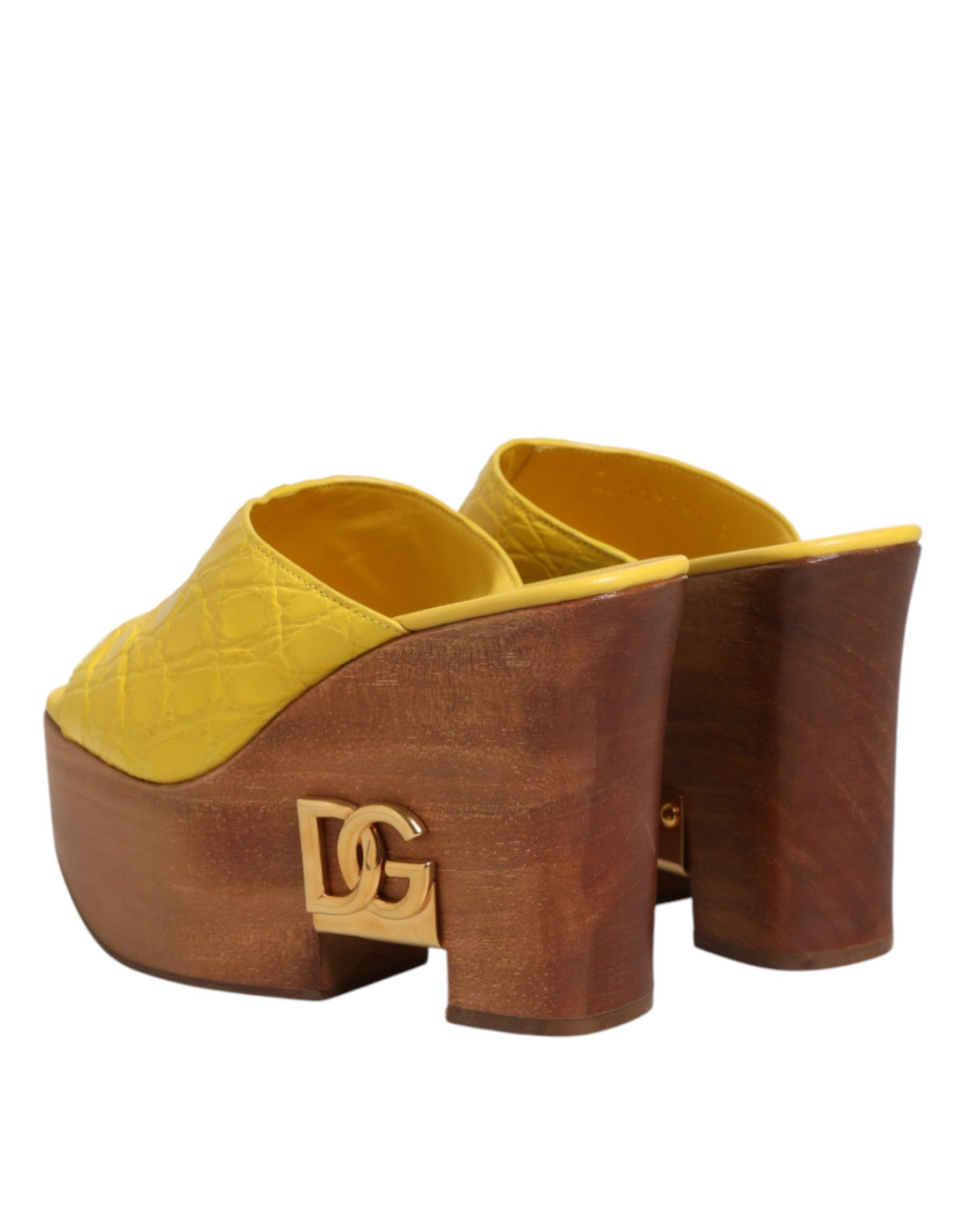 Dolce & Gabbana Yellow Leather Wood Mule Wedge Slides Shoes | Regal Royce