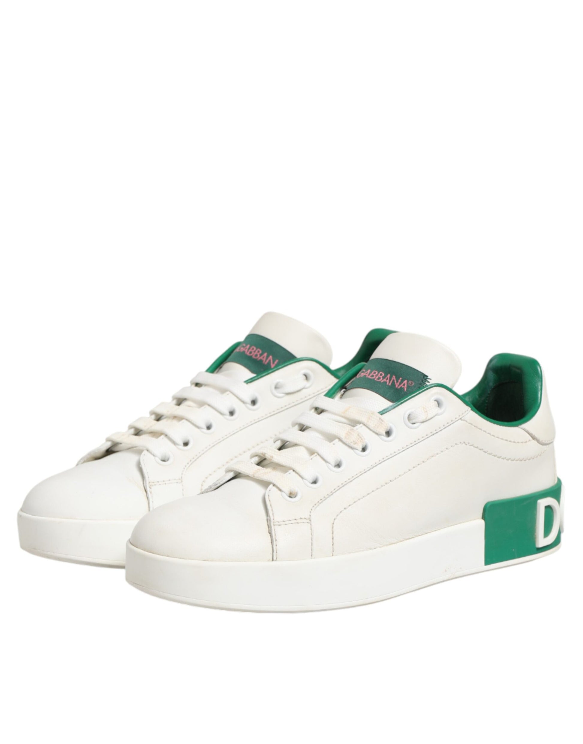 Dolce & Gabbana White Green Leather Low Top Sneakers Shoes