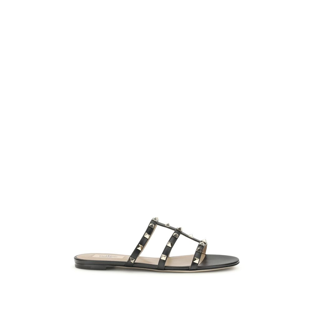 Valentino Garavani Black Calf Leather Bos Taurus Flat Sandals | Regal Royce