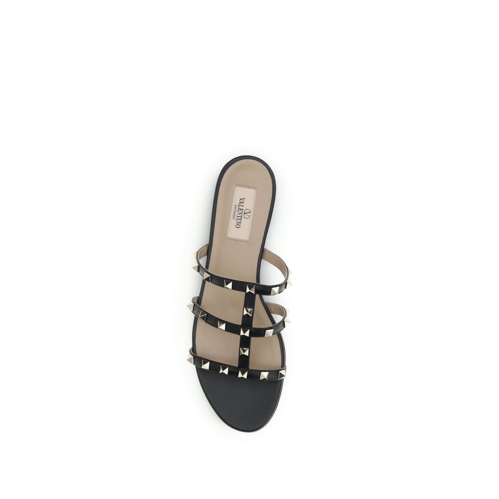 Valentino Garavani Black Calf Leather Bos Taurus Flat Sandals | Regal Royce