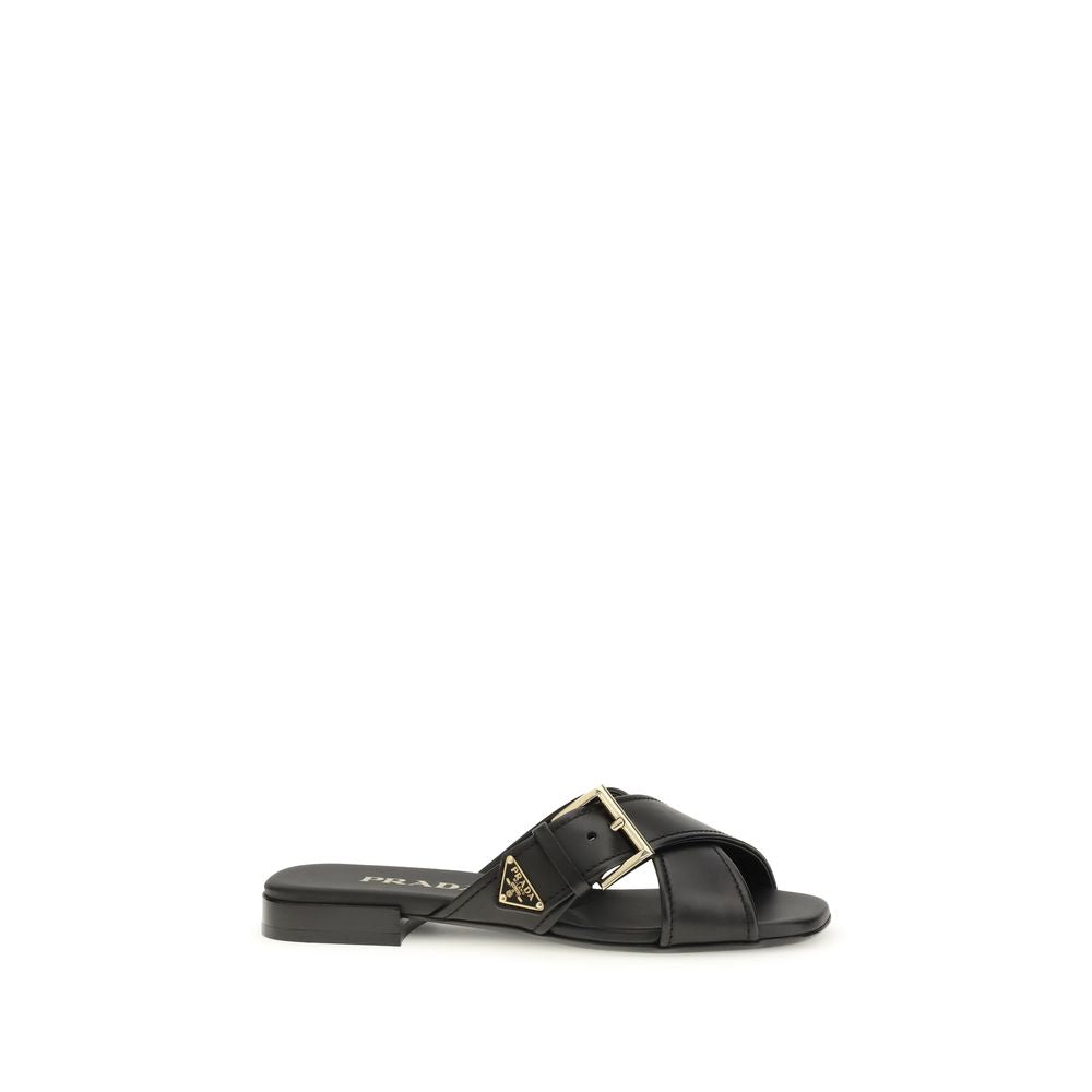 Prada Black Calf Leather Bos Taurus Flat Sandals | Regal Royce