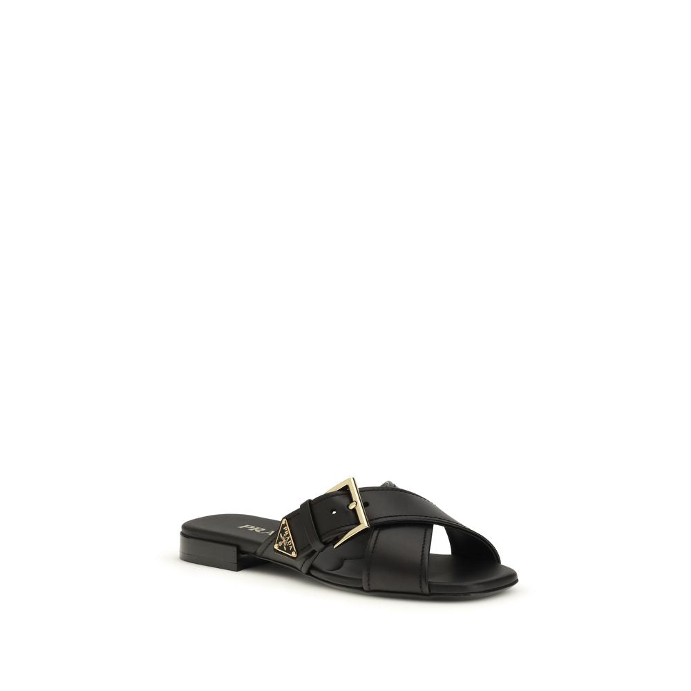 Prada Black Calf Leather Bos Taurus Flat Sandals | Regal Royce