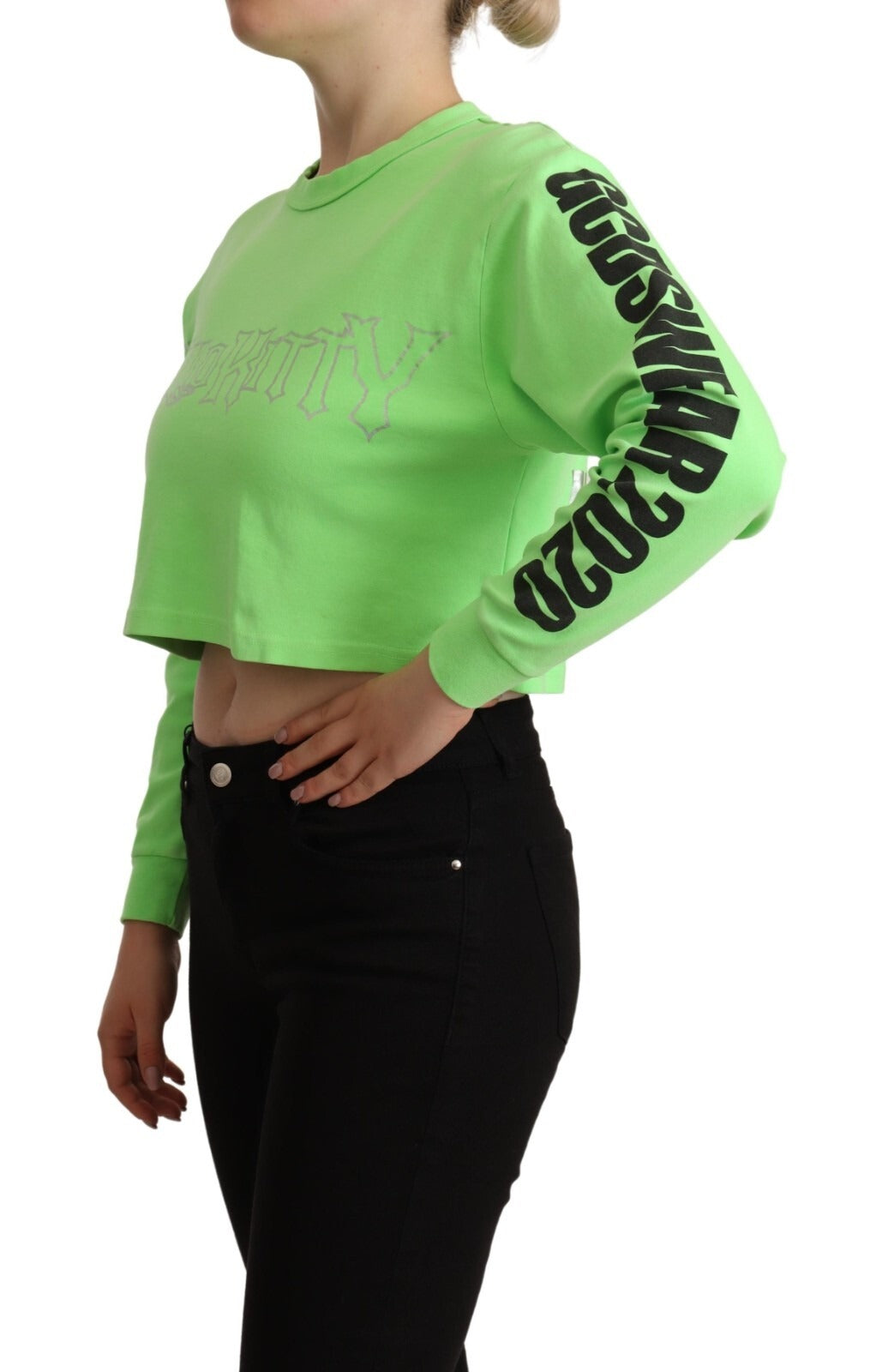 GCDS Mint Green Printed Long Sleeves Cropped Top Sweater | Regal Royce