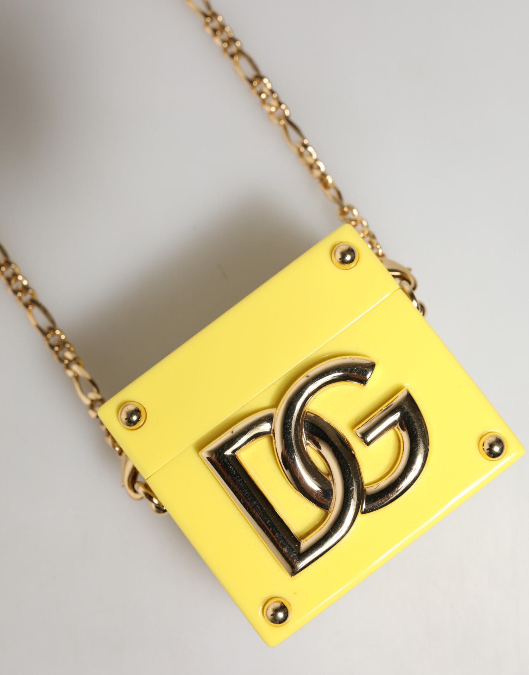 Dolce & Gabbana Yellow DG Logo Plaque Cover Gold Chain Airpods Case | Regal Royce