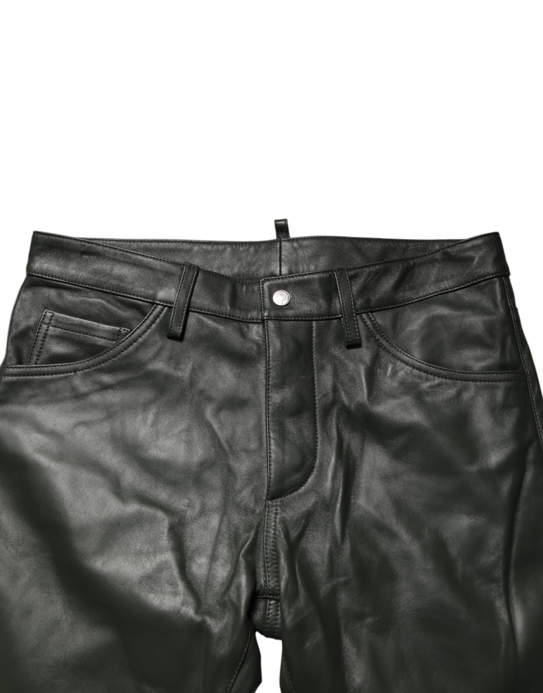 Dsquared² Black Full Grain Leather Mid Waist Trouser Pants | Regal Royce