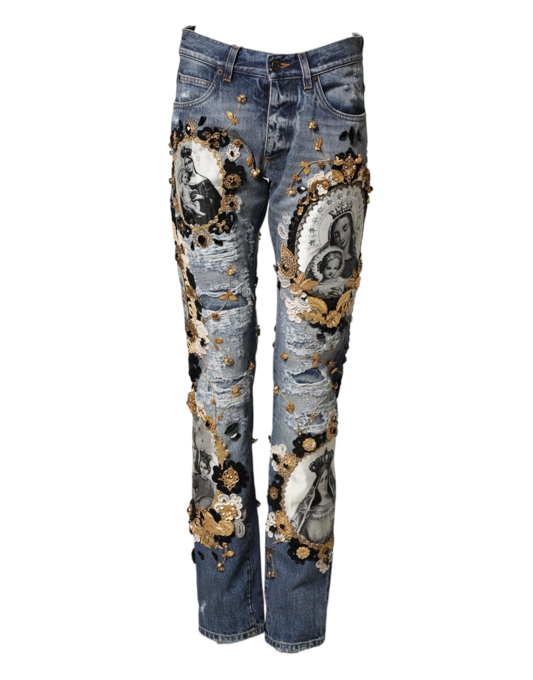 Dolce & Gabbana Blue Ripped Embellished Cotton Denim Jeans | Regal Royce