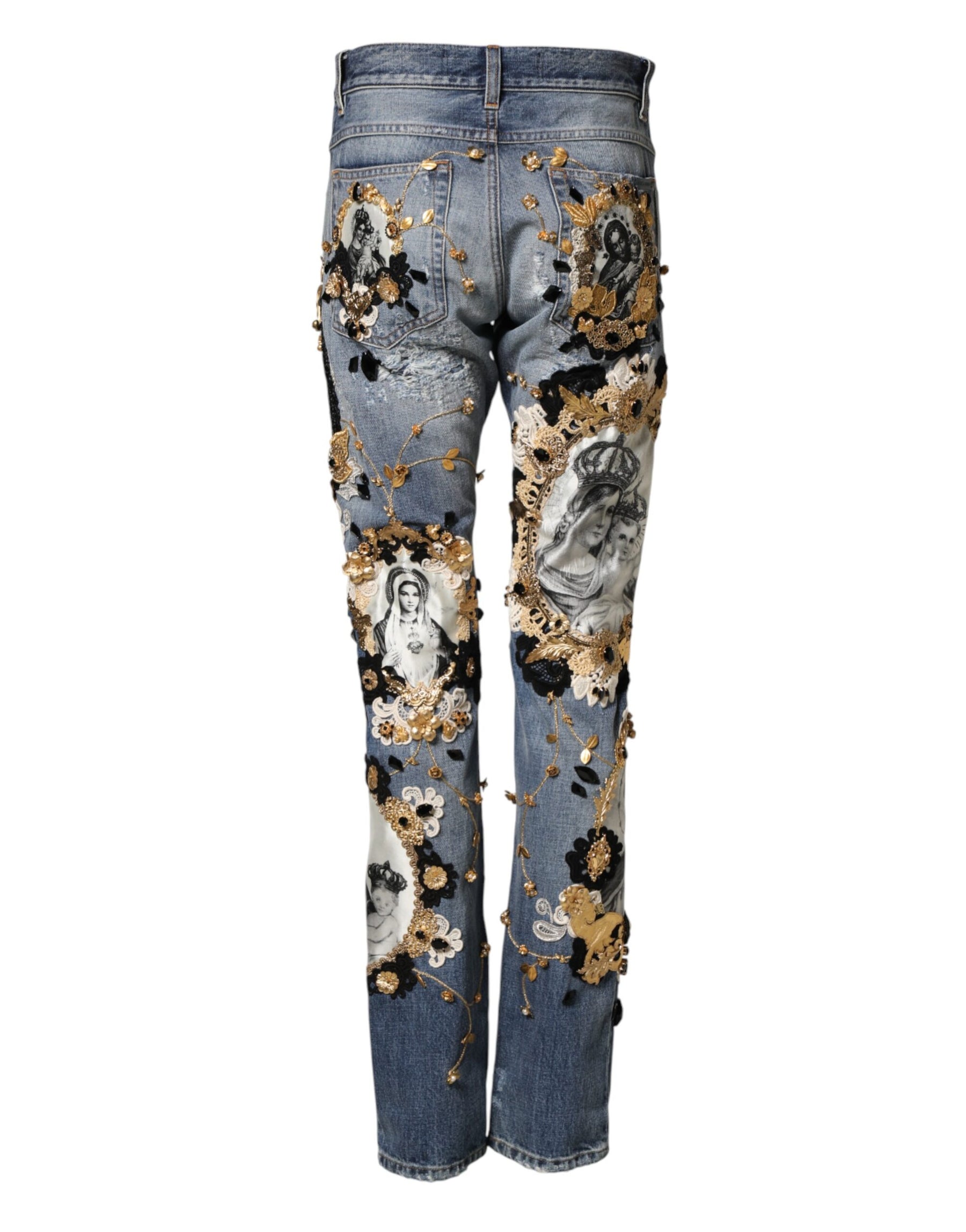 Dolce & Gabbana Blue Ripped Embellished Cotton Denim Jeans | Regal Royce