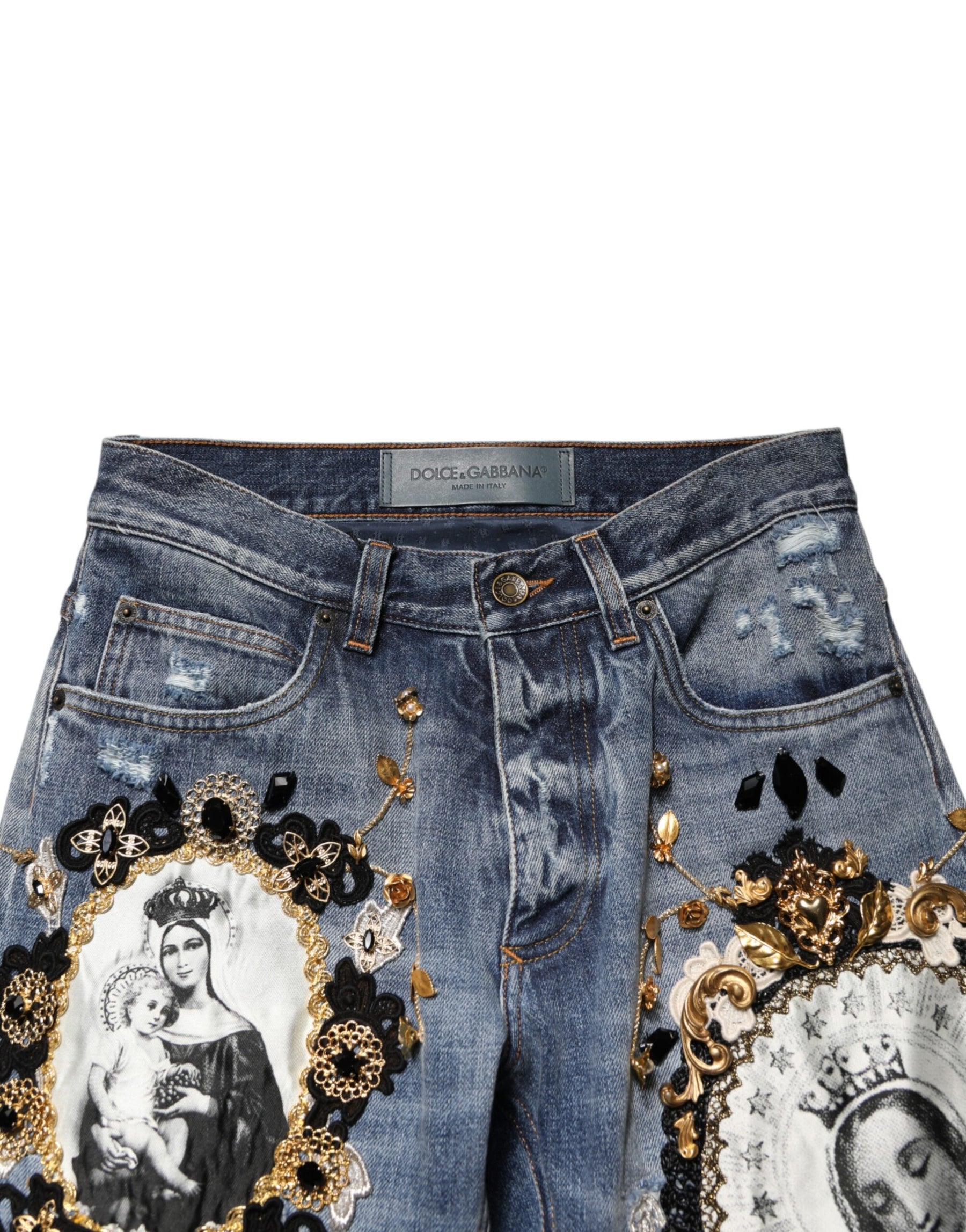 Dolce & Gabbana Blue Ripped Embellished Cotton Denim Jeans | Regal Royce