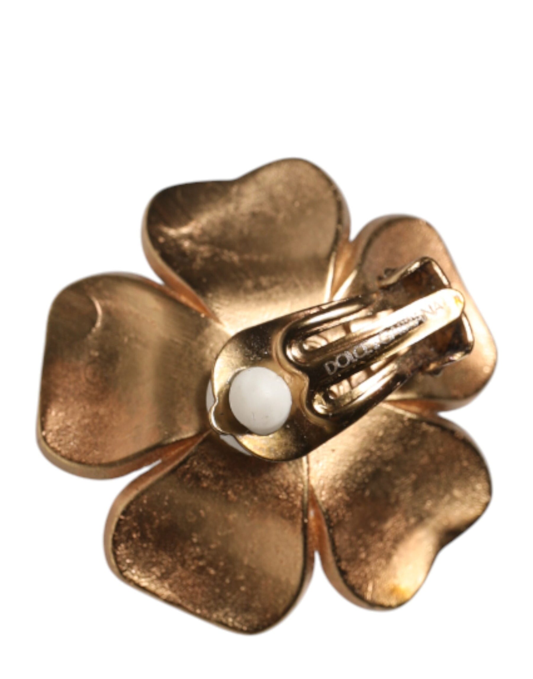 Dolce & Gabbana Gold Tone Maxi Faux Pearl Floral Clip-on Jewelry Earrings | Regal Royce