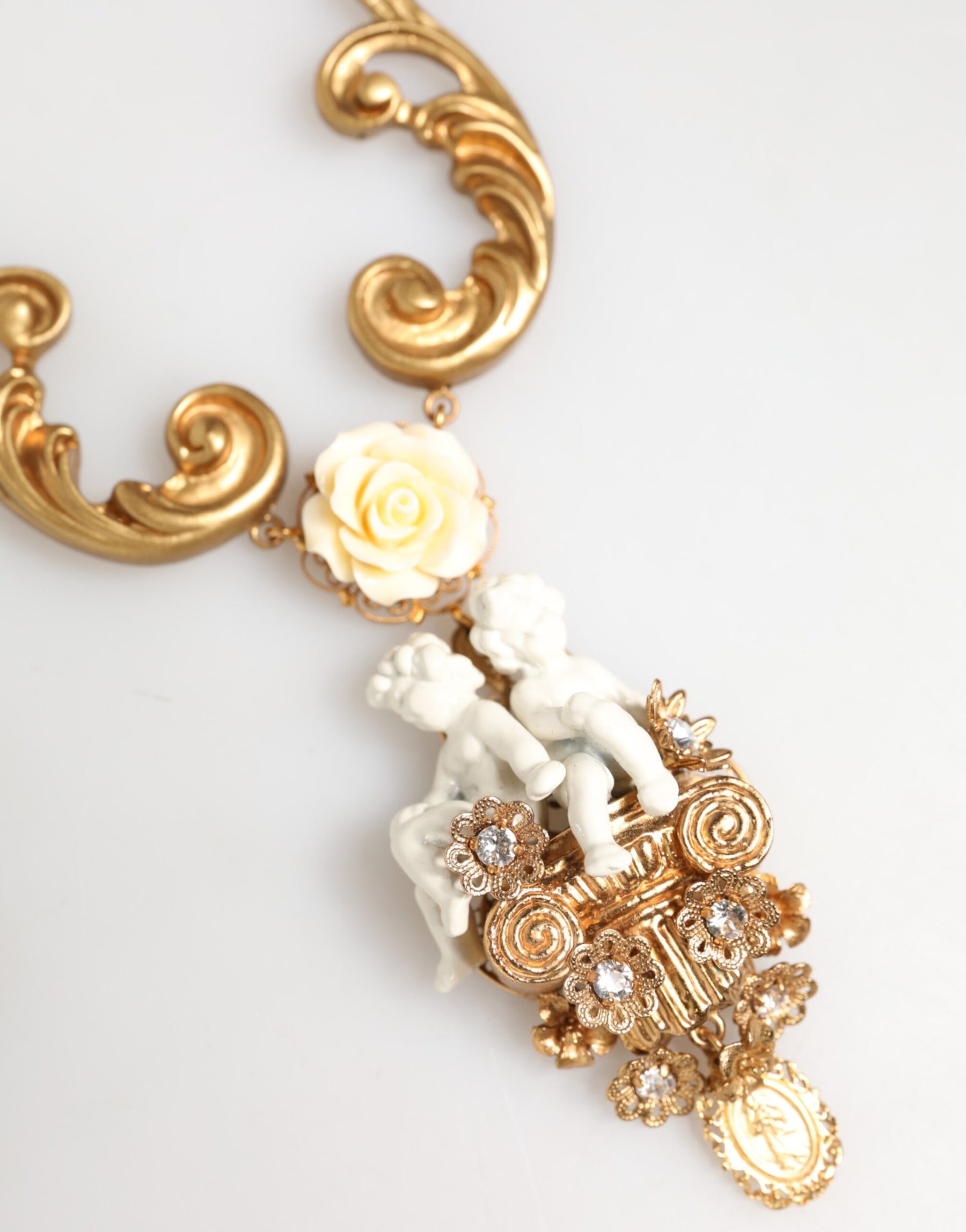 Dolce & Gabbana Gold Ceramic Crystal Cherub Baroque Pendant Necklace | Regal Royce