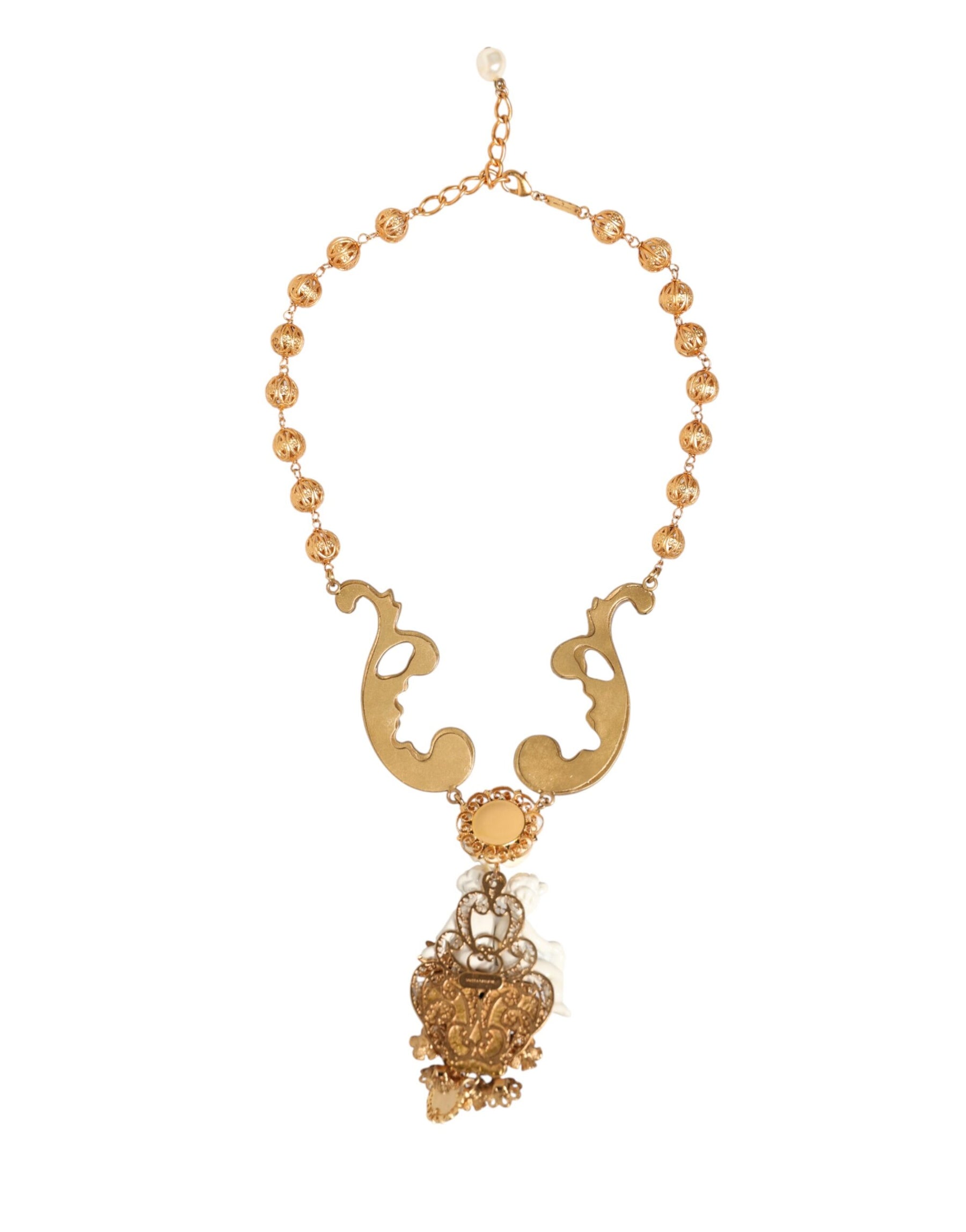 Dolce & Gabbana Gold Ceramic Crystal Cherub Baroque Pendant Necklace | Regal Royce