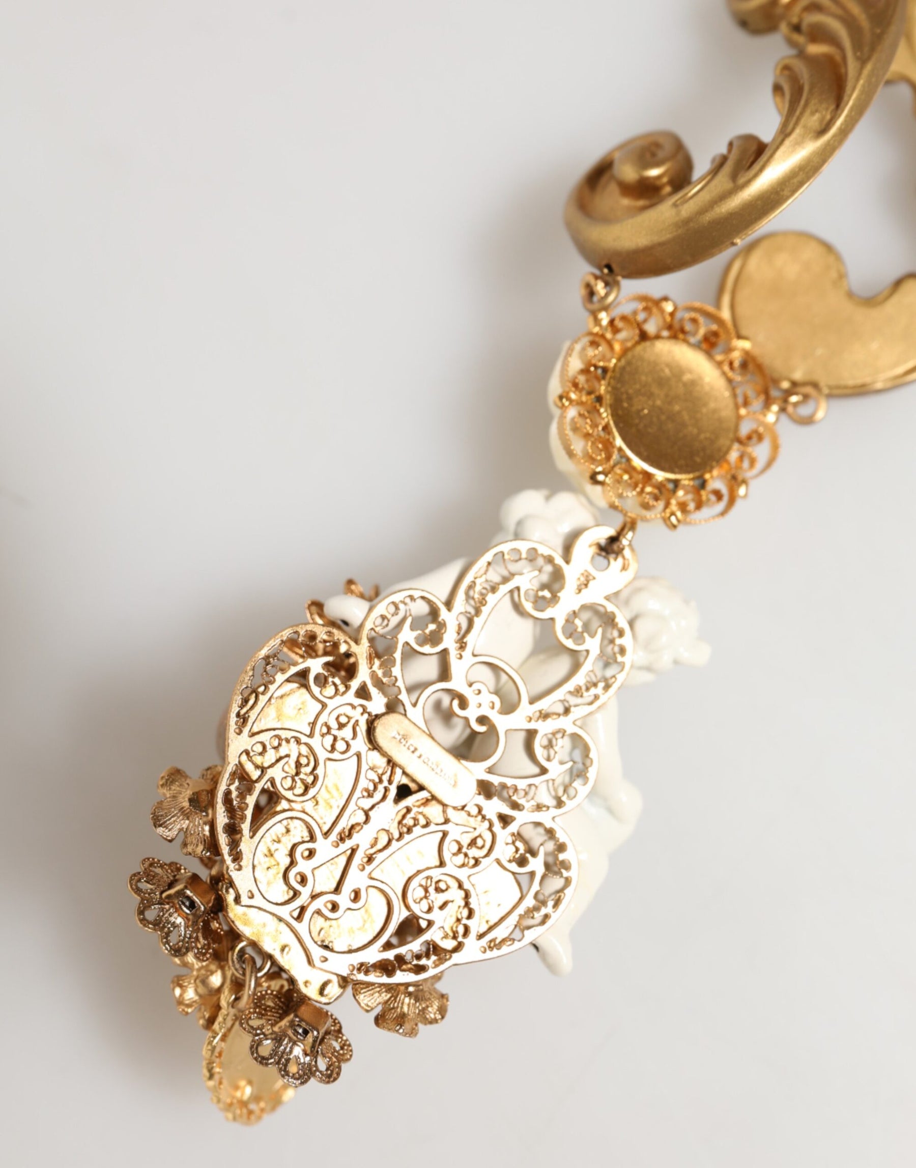 Dolce & Gabbana Gold Ceramic Crystal Cherub Baroque Pendant Necklace | Regal Royce