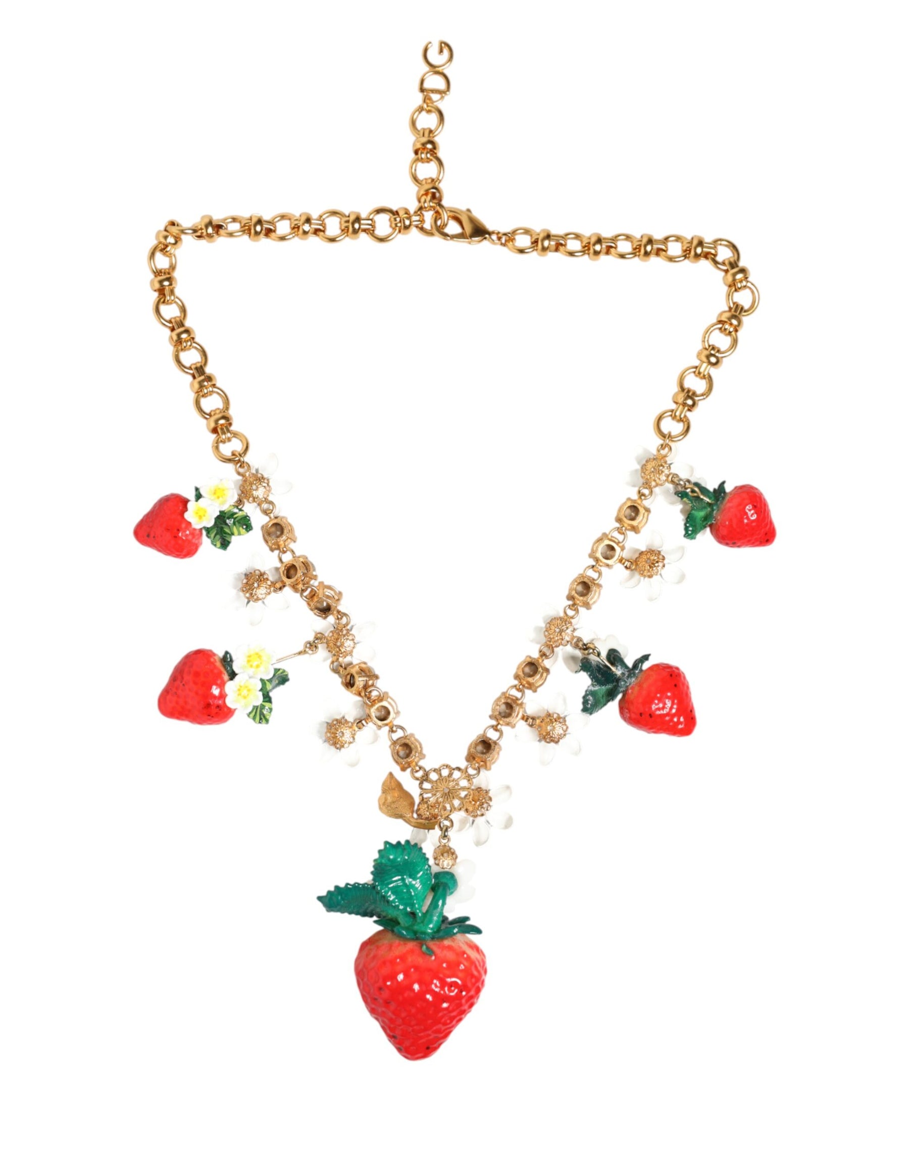 Dolce & Gabbana Gold Brass FRUIT Pendants Flowers Crystal Logo Necklace | Regal Royce