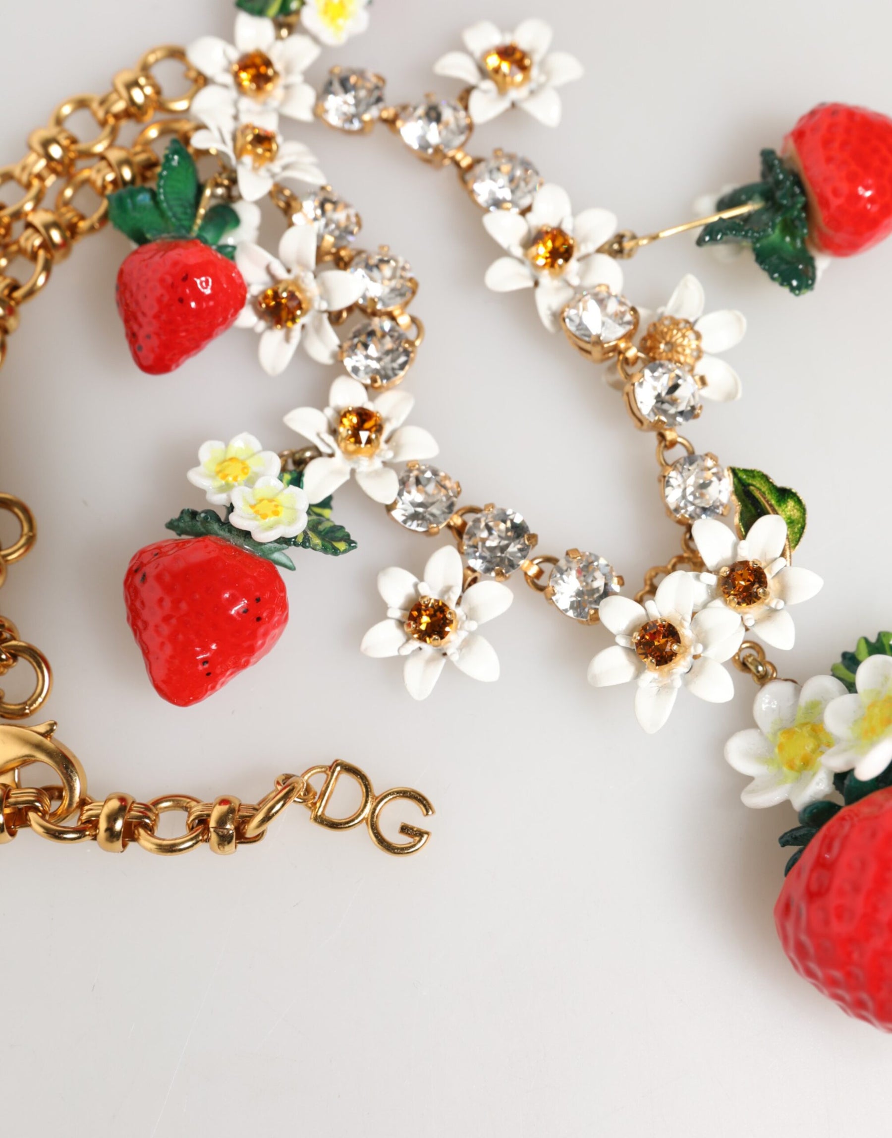 Dolce & Gabbana Gold Brass FRUIT Pendants Flowers Crystal Logo Necklace | Regal Royce