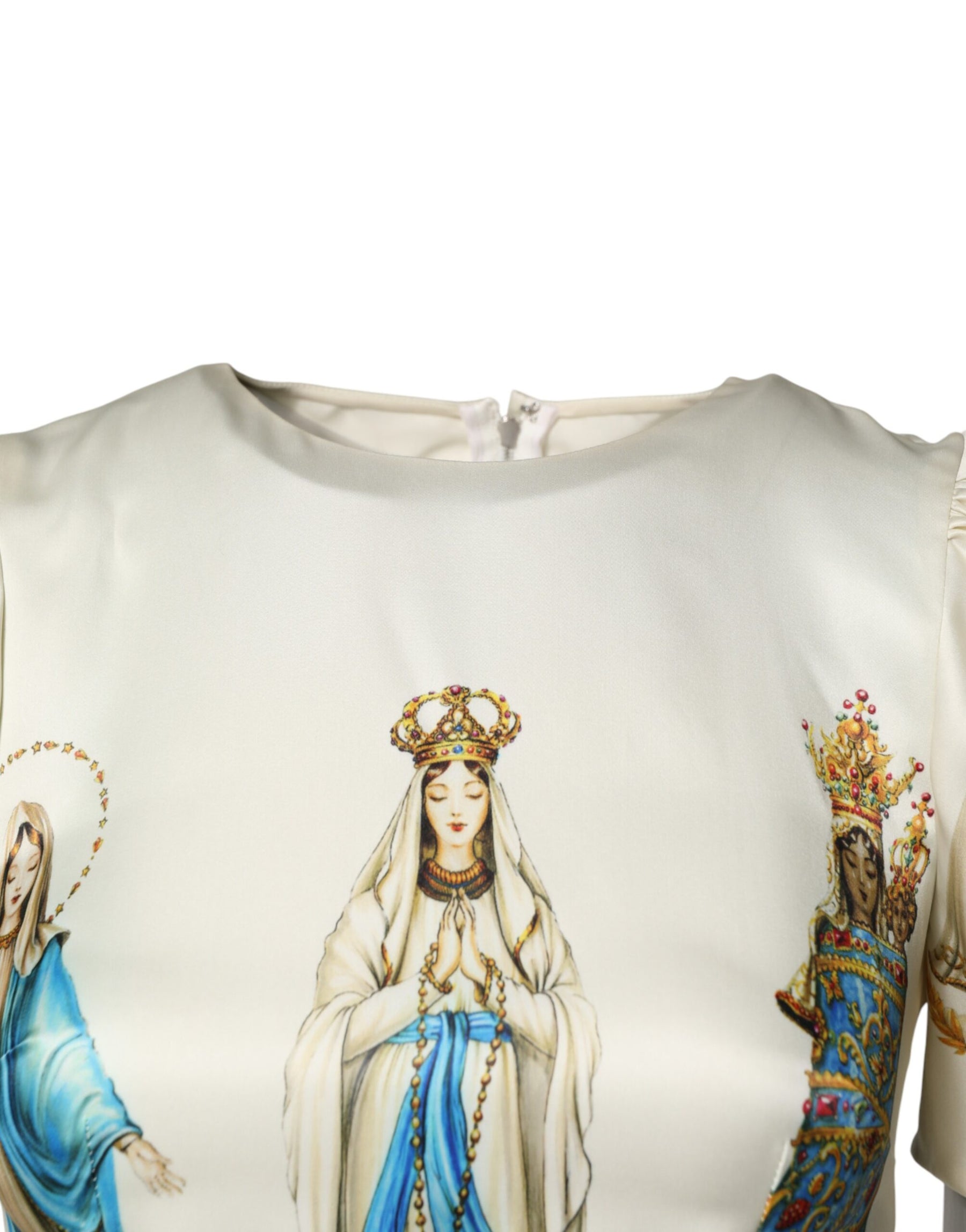 Dolce & Gabbana Beige Madonne Print Silk Short Sleeve Dress | Regal Royce