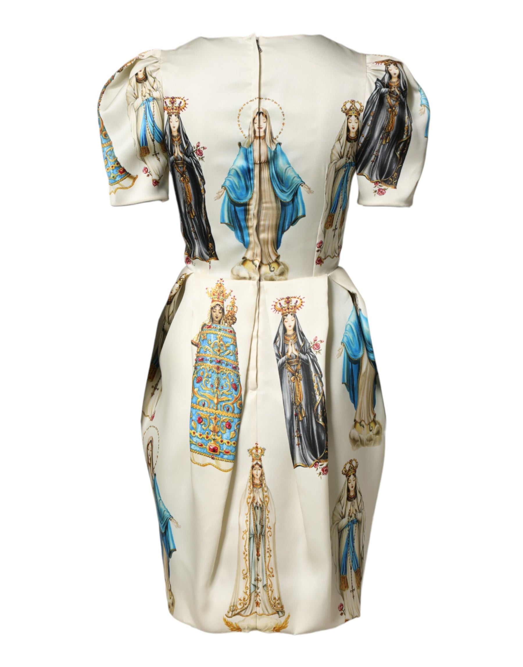 Dolce & Gabbana Beige Madonne Print Silk Short Sleeve Dress | Regal Royce