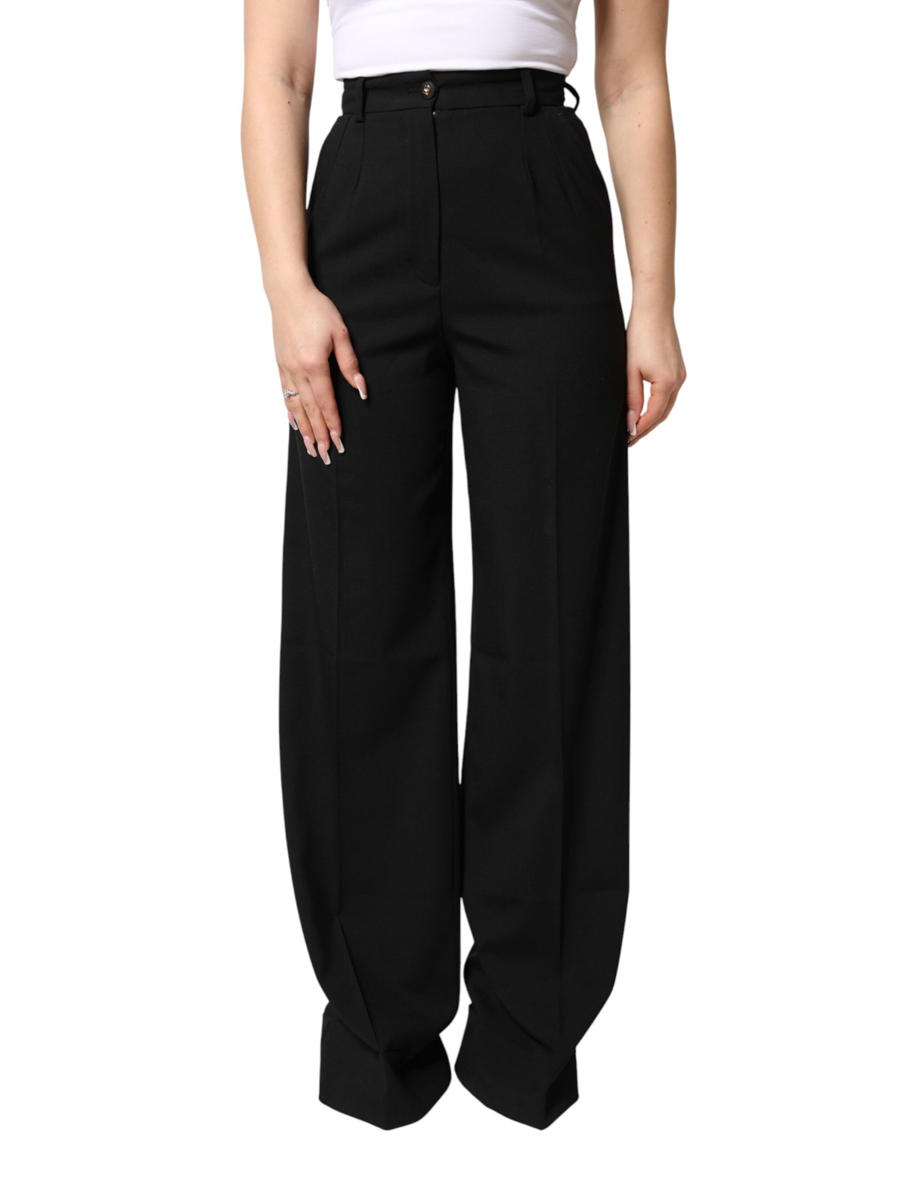 Dolce & Gabbana Black Wool Blend Straight High Waist Pants | Regal Royce