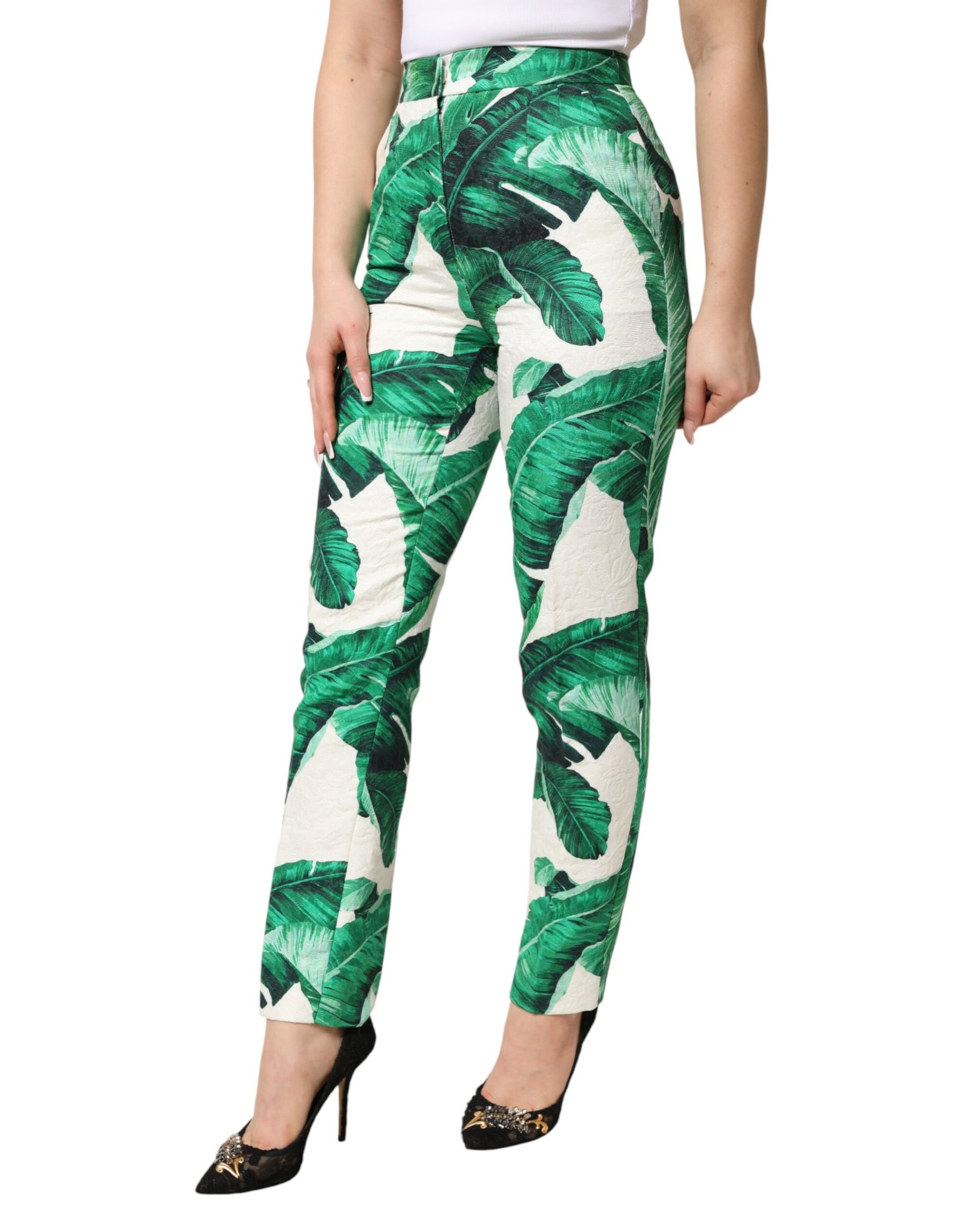 Dolce & Gabbana White Green Leaf High Waist Trousers Pants | Regal Royce