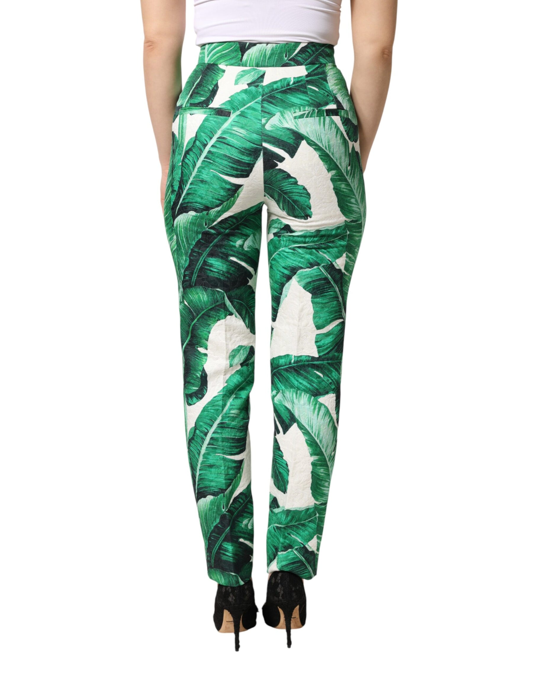 Dolce & Gabbana White Green Leaf High Waist Trousers Pants | Regal Royce