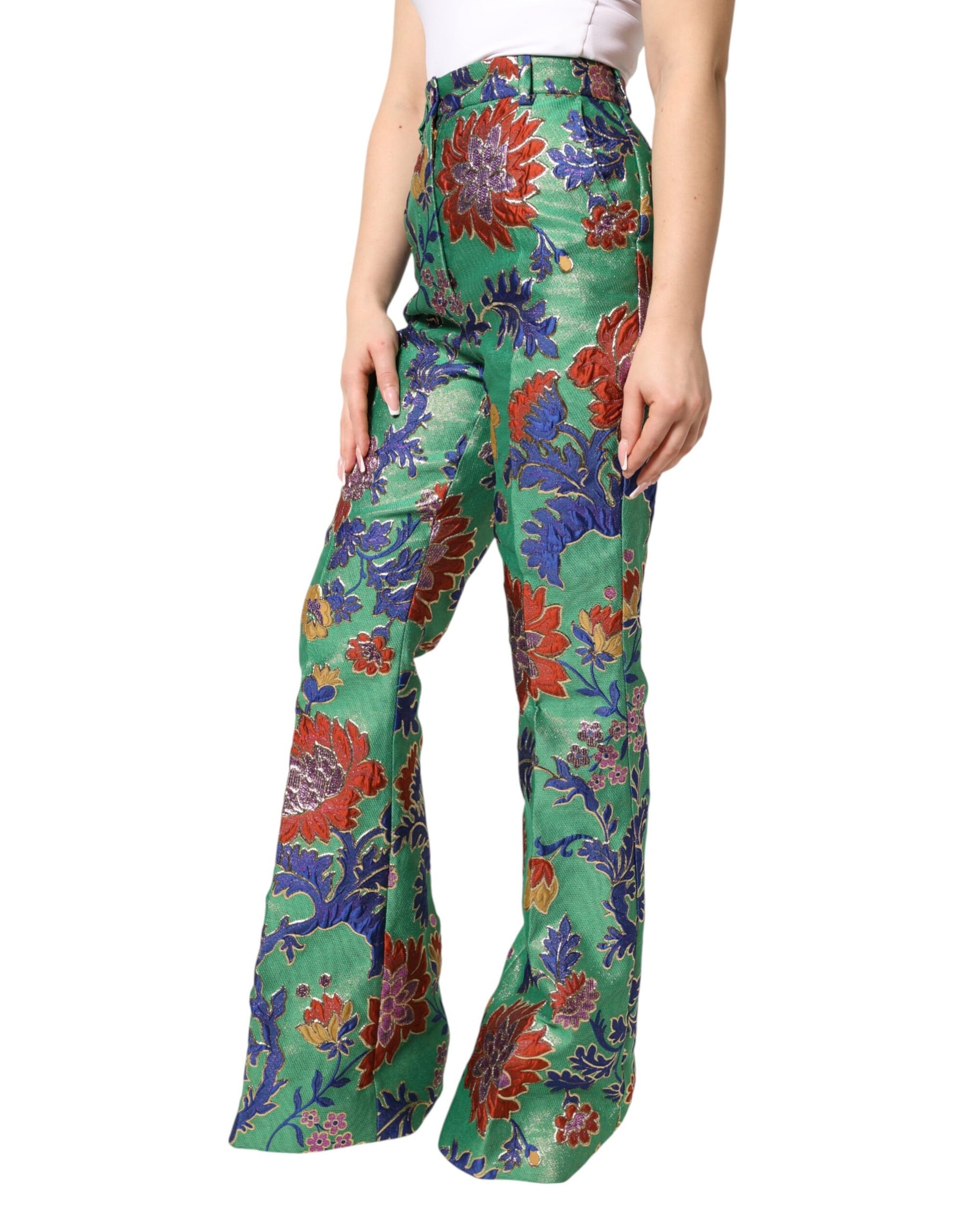 Dolce & Gabbana Green Floral Polyester BootCut Trouser Pants | Regal Royce