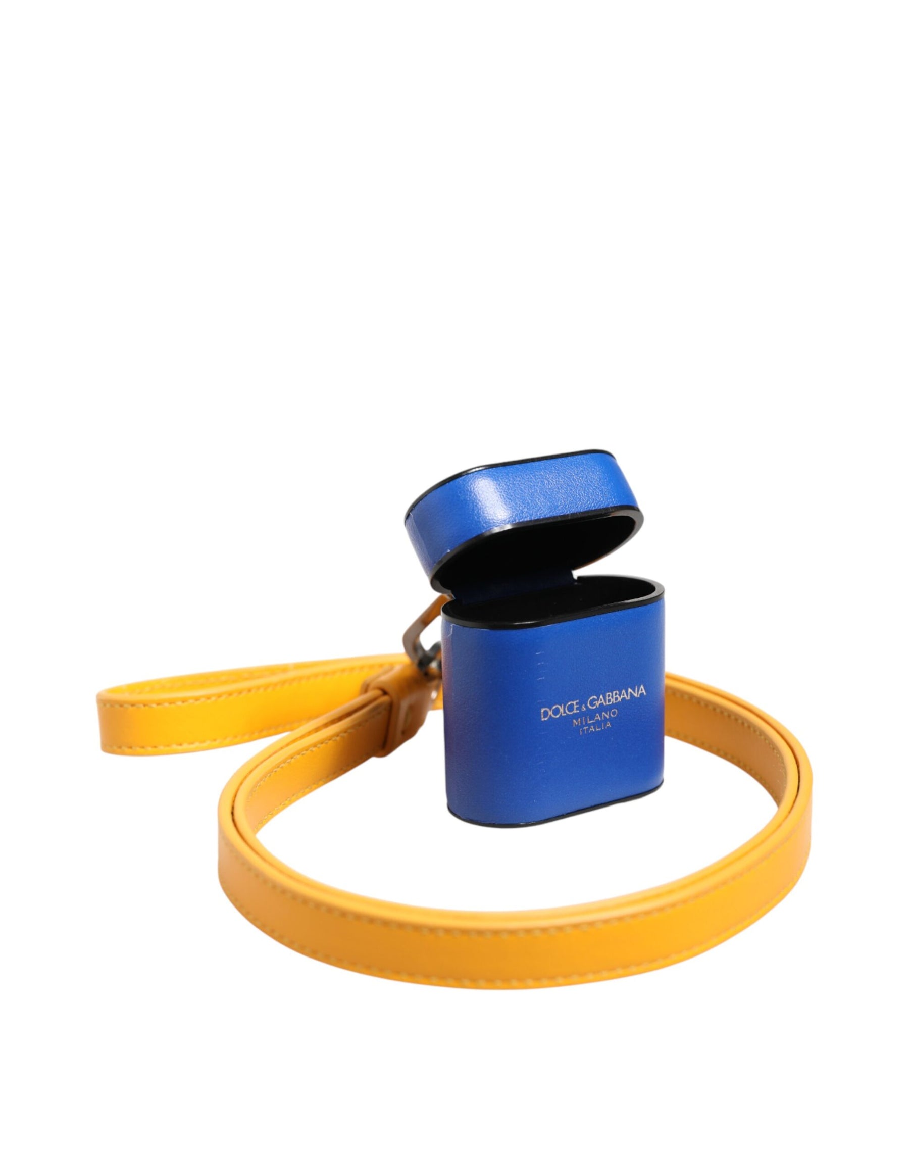 Dolce & Gabbana Blue Yellow Calfskin Leather Logo Strap Men Airpods Case | Regal Royce