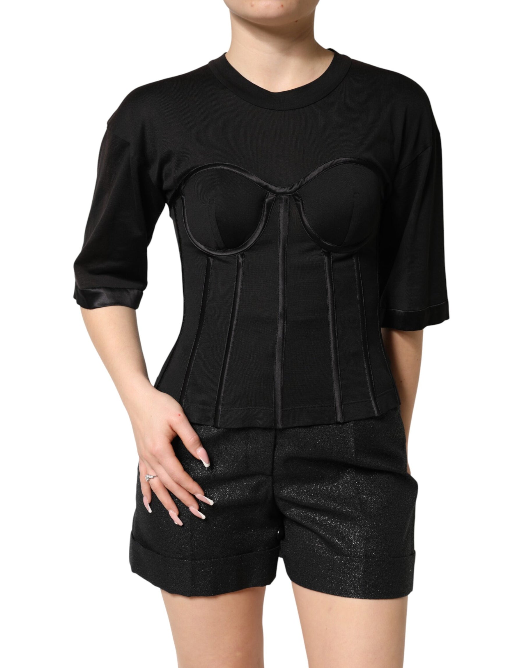 Dolce & Gabbana Black Cotton Bustier Corset Short Sleeves T-shirt | Regal Royce