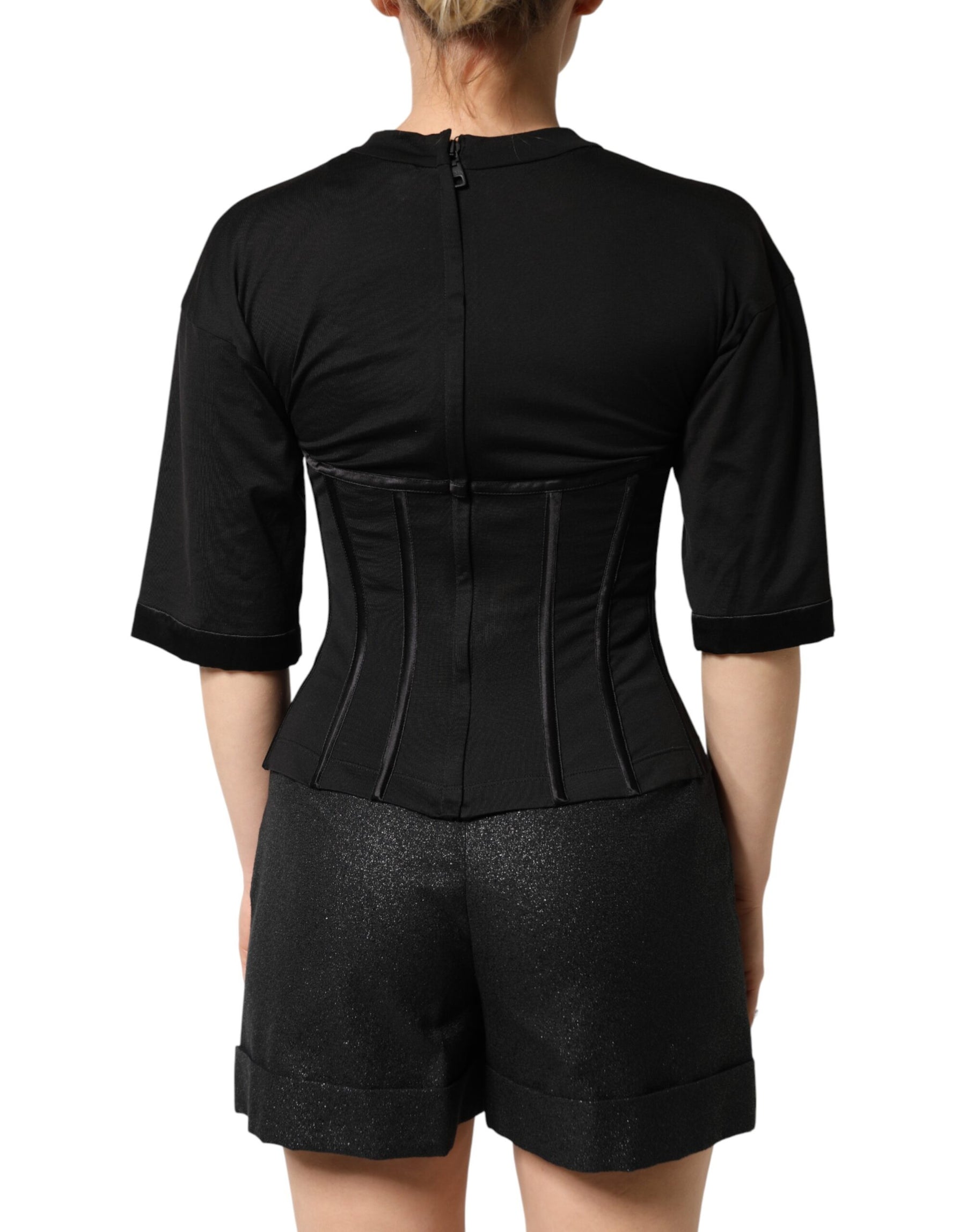 Dolce & Gabbana Black Cotton Bustier Corset Short Sleeves T-shirt | Regal Royce