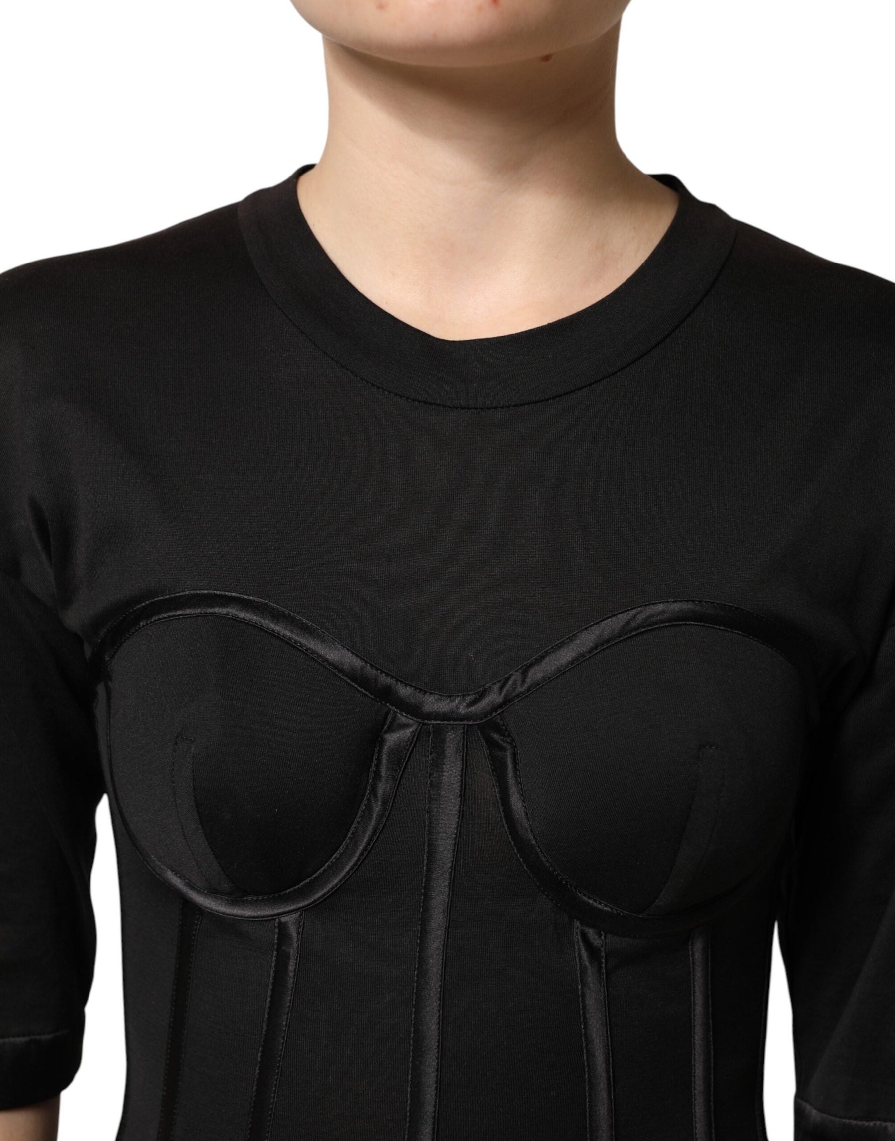 Dolce & Gabbana Black Cotton Bustier Corset Short Sleeves T-shirt | Regal Royce