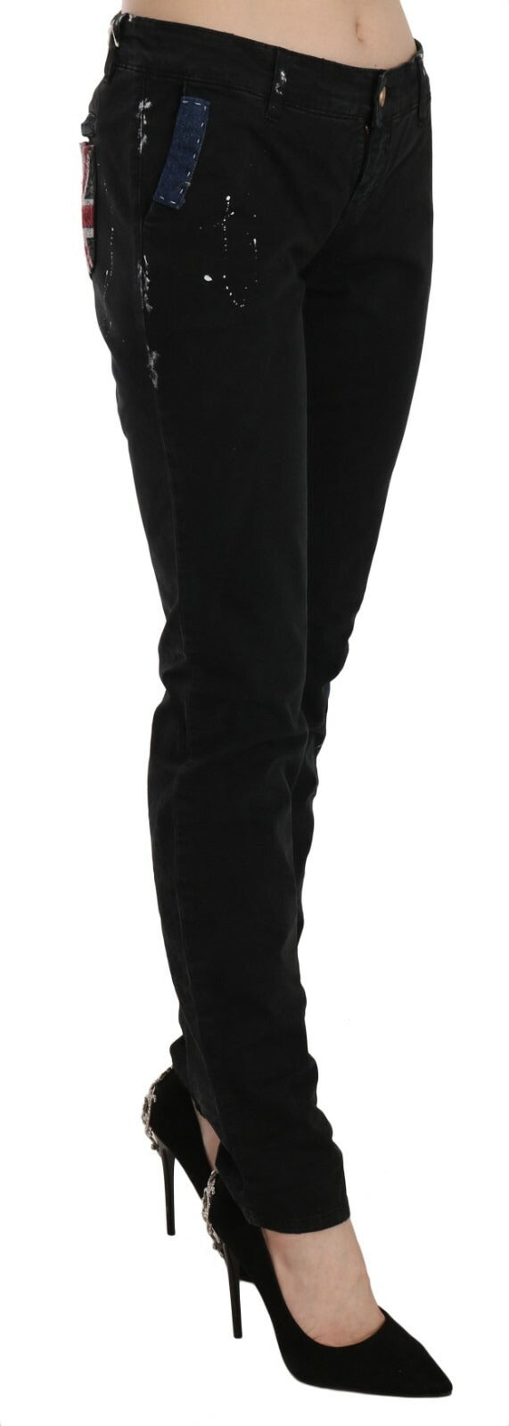 John Galliano Black Low Waist White Paint Skinny Denim Pants Jeans