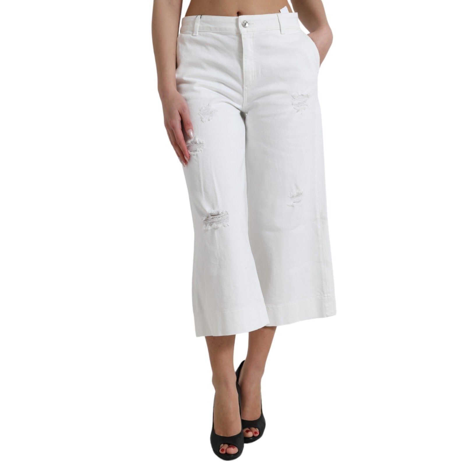 Dolce & Gabbana Wide Leg White Cotton Cropped Denim Jeans | Regal Royce