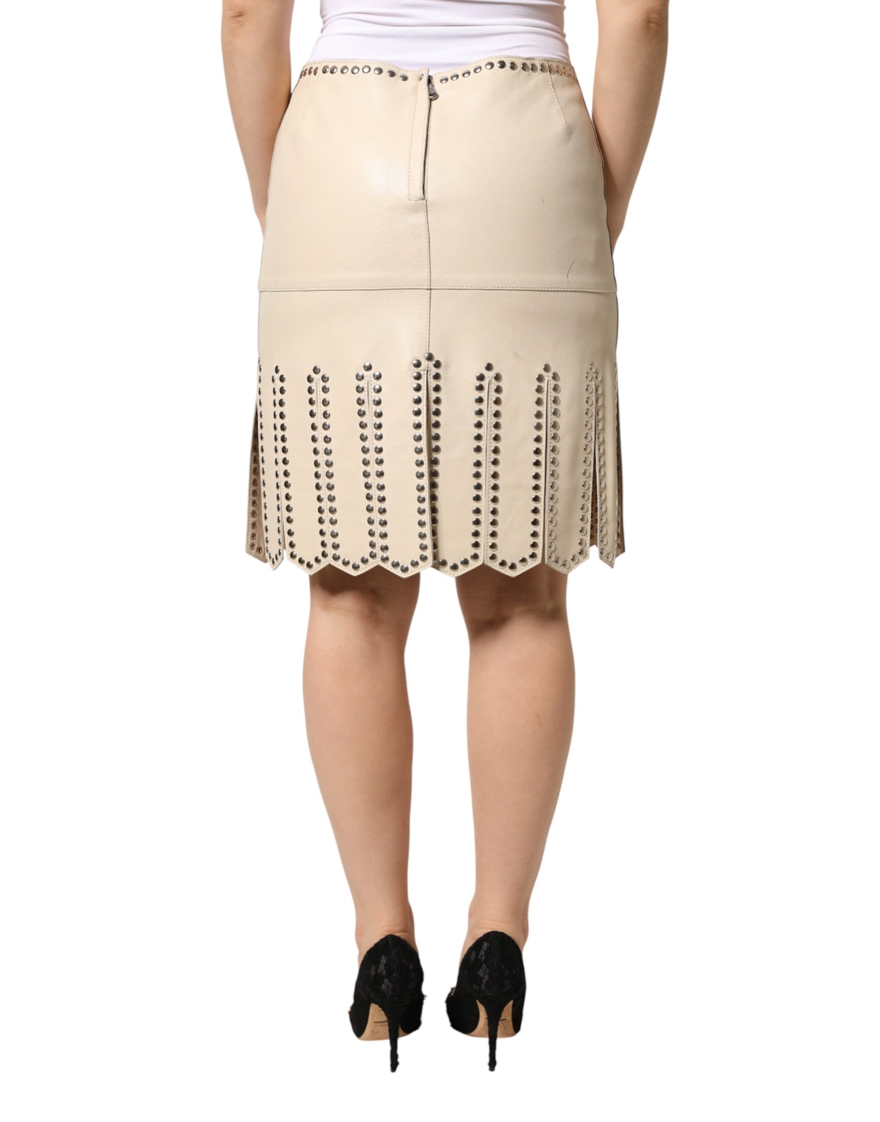 Dolce & Gabbana Beige Leather Studs Mid Waist Mini Skirt | Regal Royce