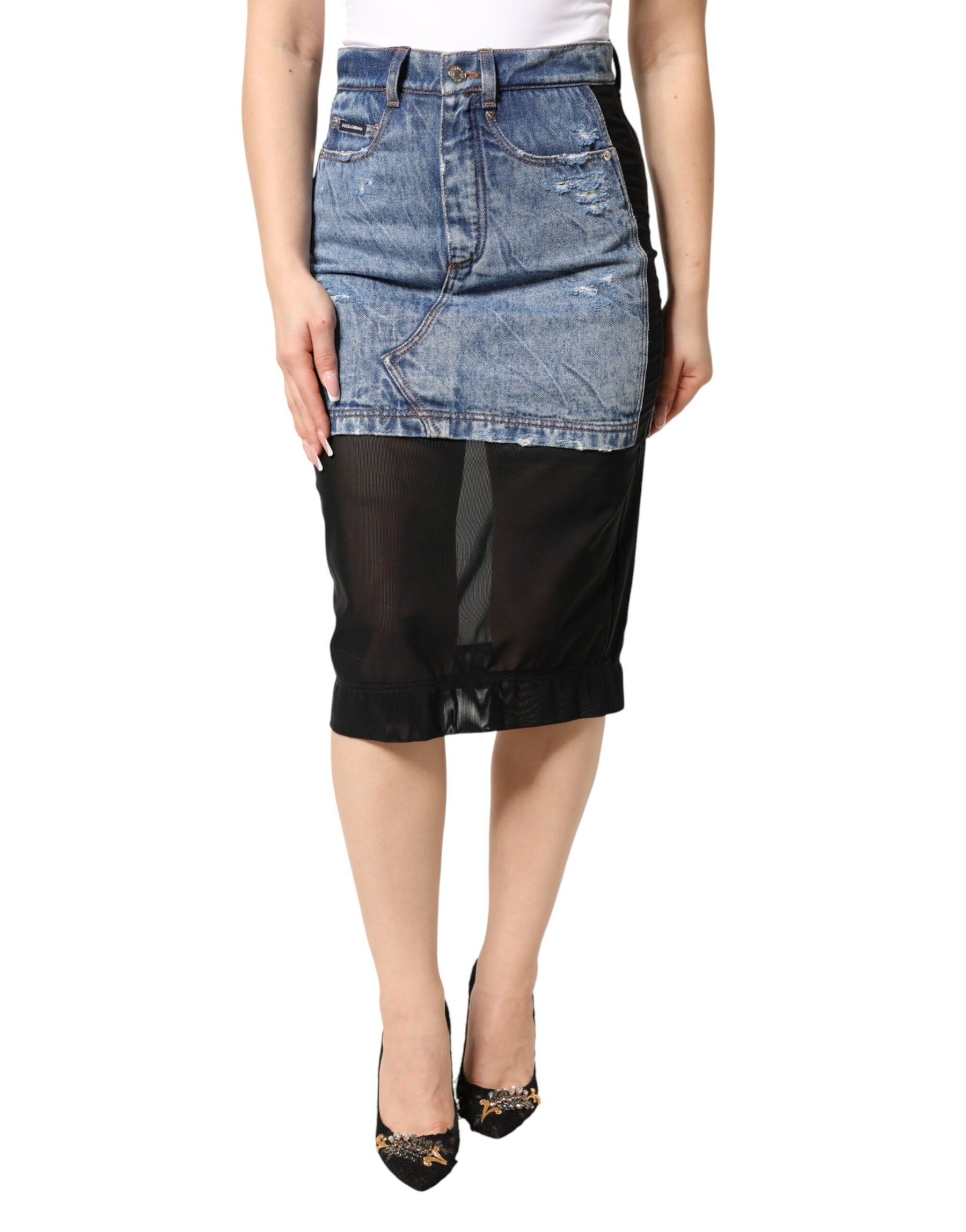 Dolce & Gabbana Blue Black Cotton Denim Sheer Midi Skirt | Regal Royce