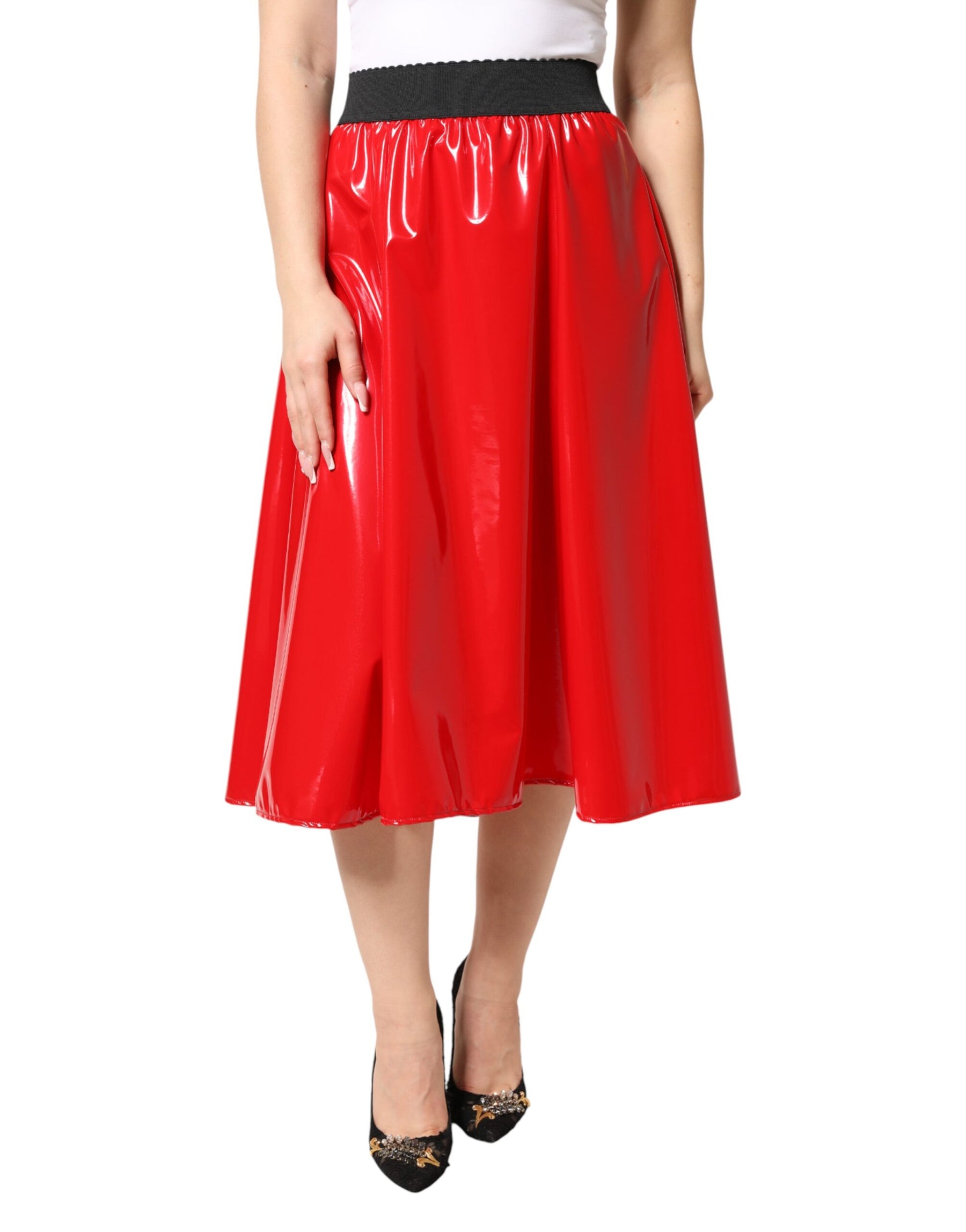 Dolce & Gabbana Glossy Red Polyester High Waist Midi Skirt | Regal Royce